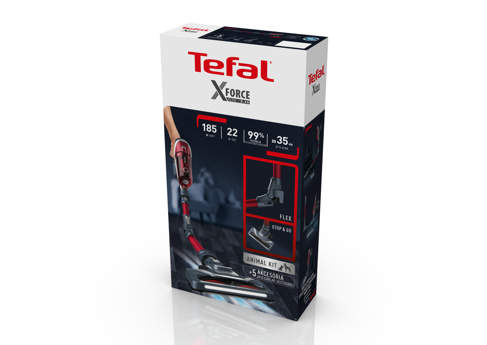 Bir Tefal X-Force elektrikli süpürge kutusu. Kırmızı ve siyah bir tasarıma sahip, ürün bilgileriyle.