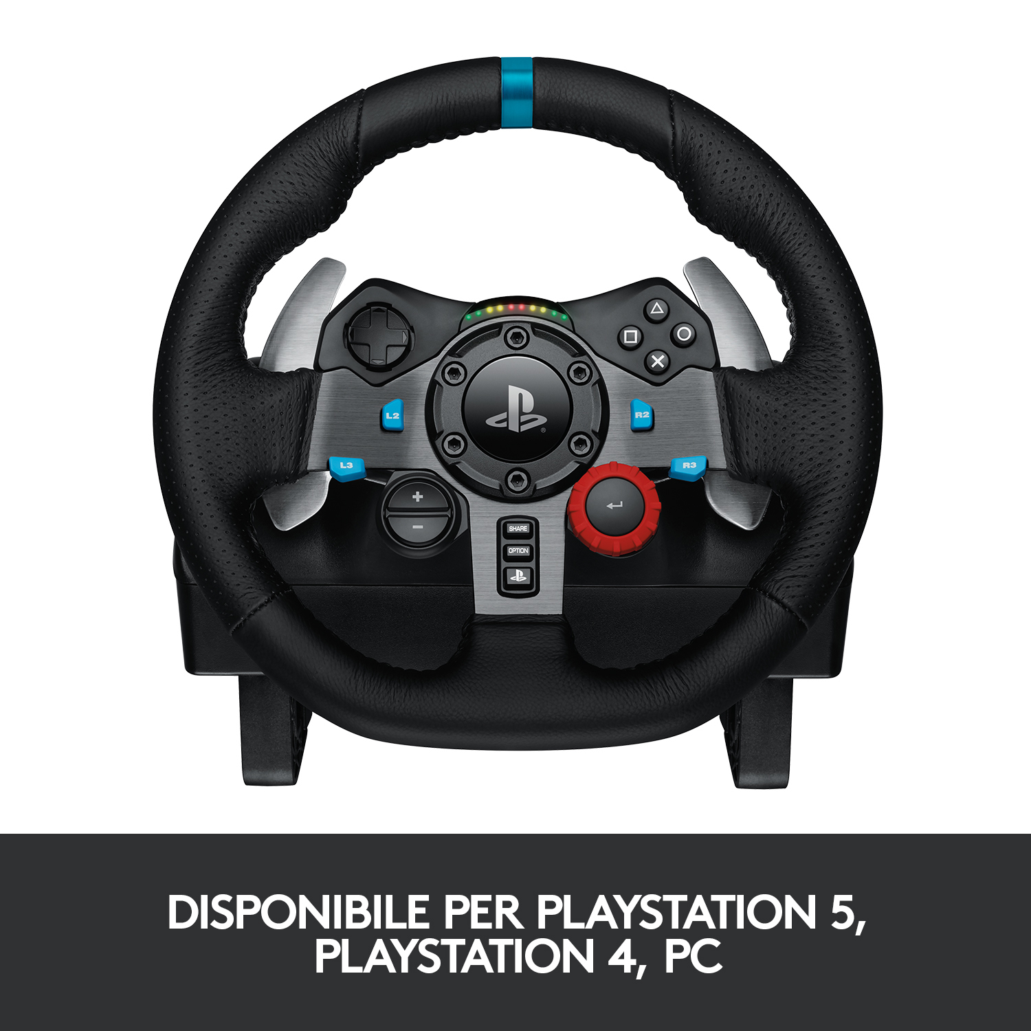 Un volante da gioco nero con pulsanti e quadrante rosso.