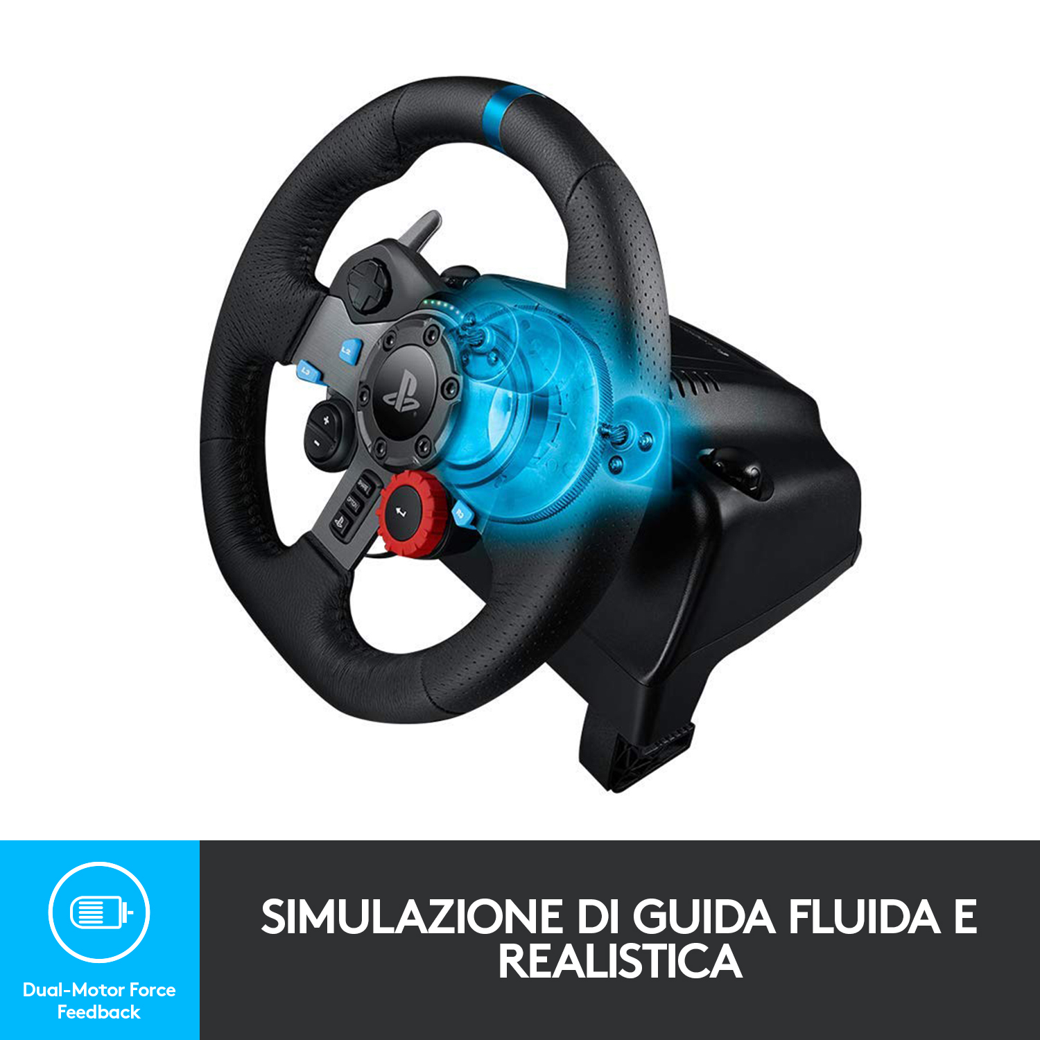 Un volante nero con pulsanti e logo. Mostra effetti di luce blu.