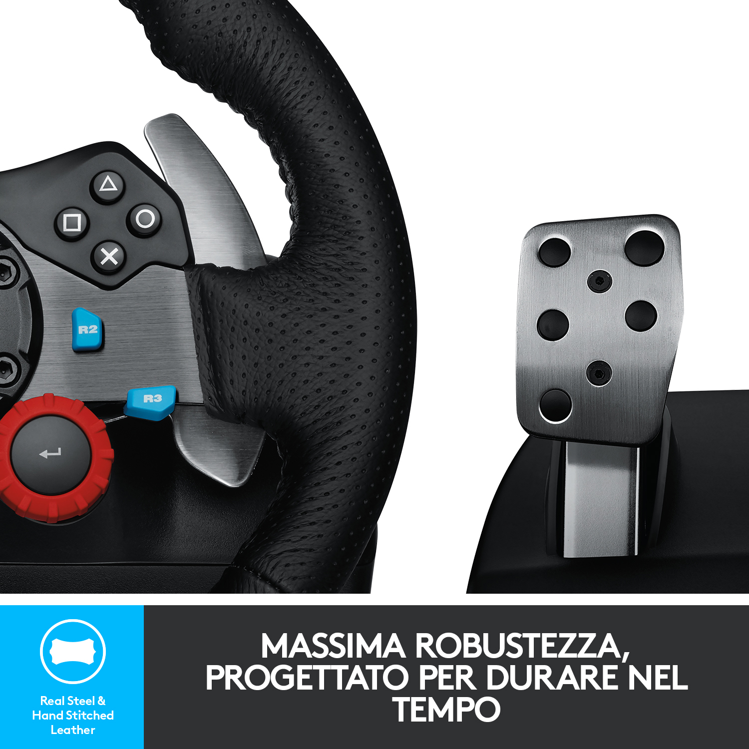 Volante nero con pulsanti e leve del cambio, più pedale in metallo per giochi di corse.