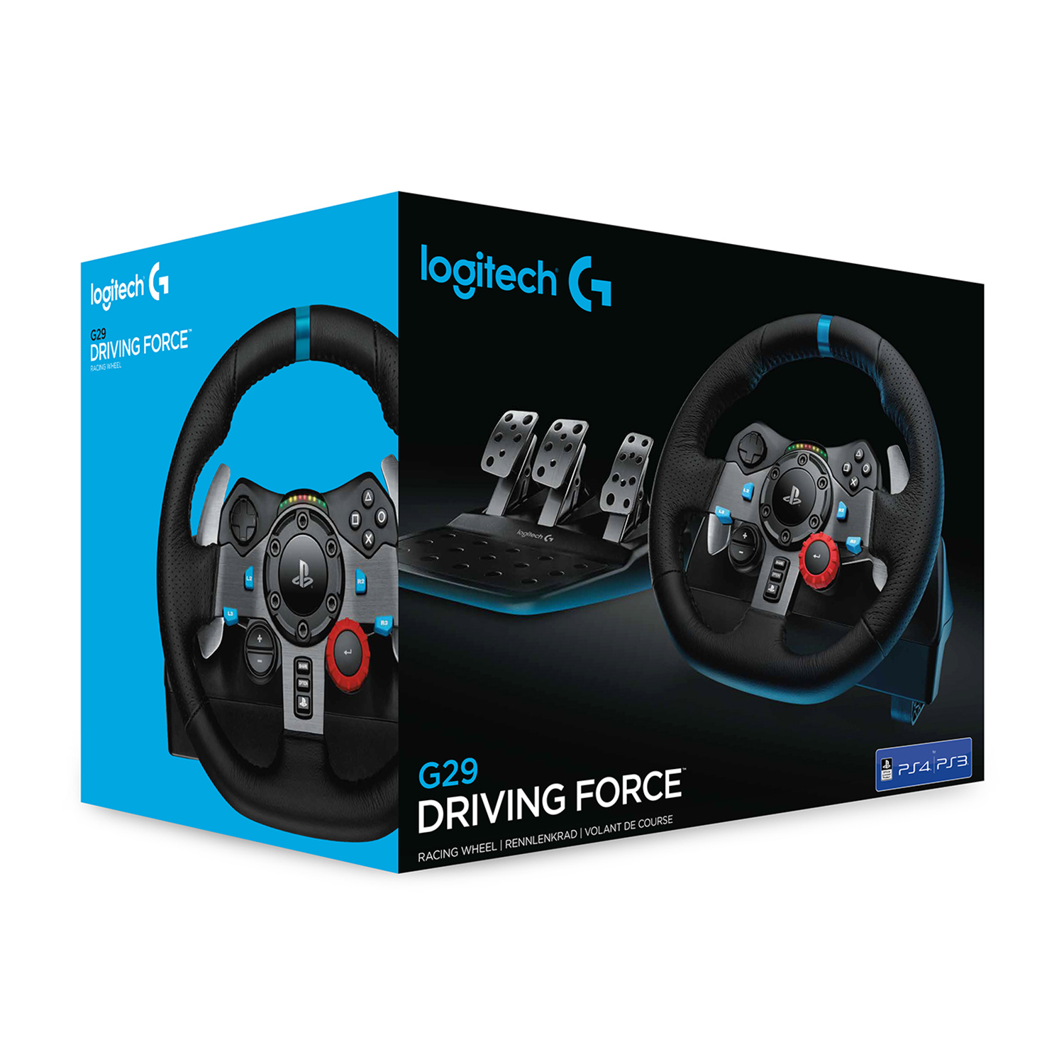 Volante e pedali Logitech G29 Driving Force, confezionati in una scatola blu.