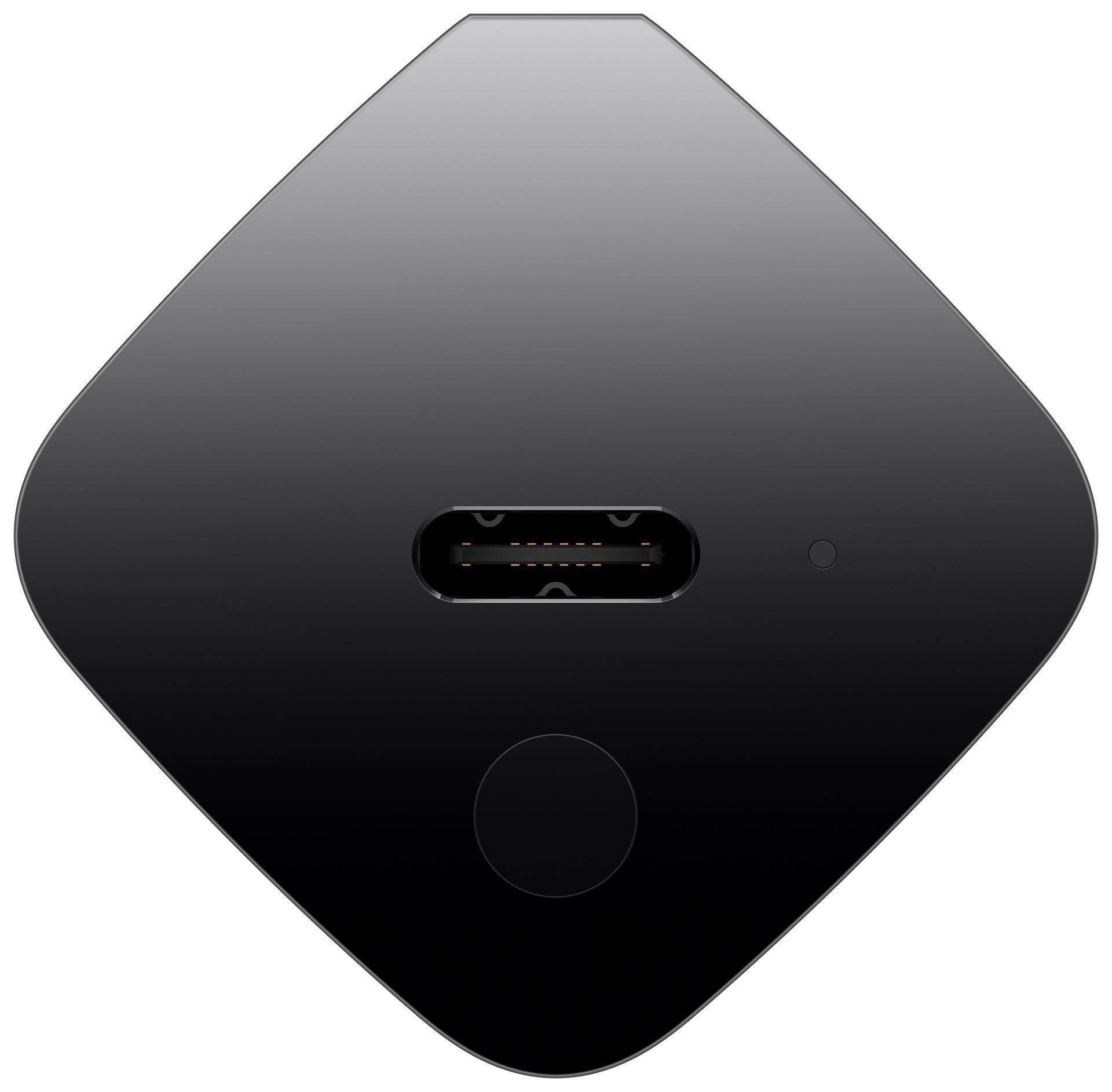 Schwarzes, quadratisches Gerät mit USB-Anschluss. Die Oberfläche ist glänzend und reflektierend.