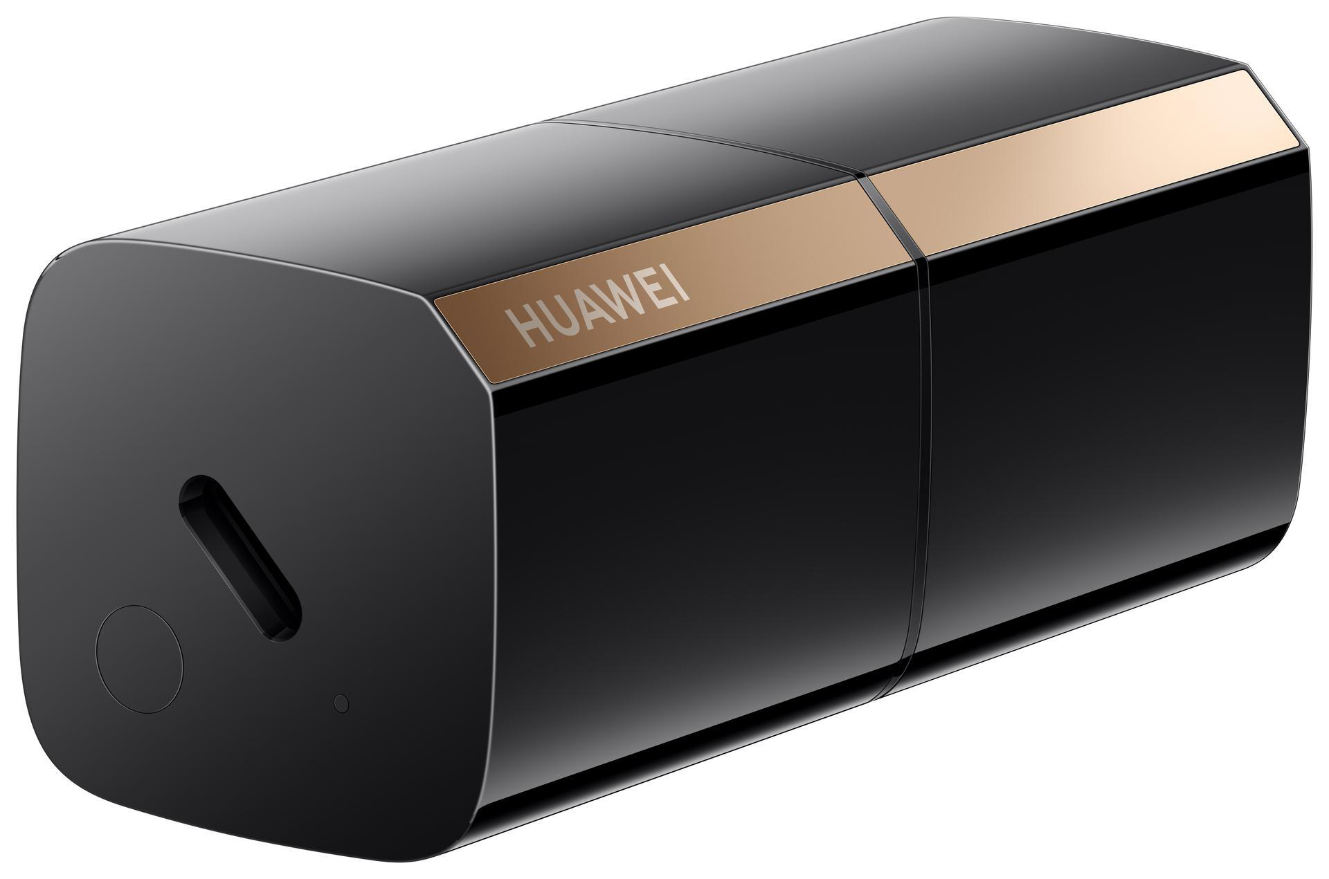 Schwarzes Huawei-Gerät mit Goldstreifen. Hat einen Anschluss und das Huawei-Logo. Glänzendes Finish.