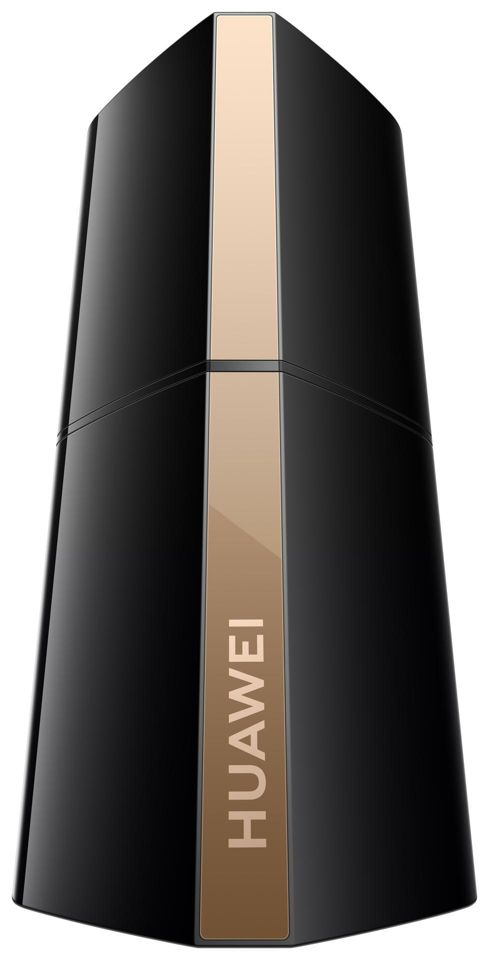 Schwarzer Huawei-Router mit goldenem vertikalen Streifen und Huawei-Logo.