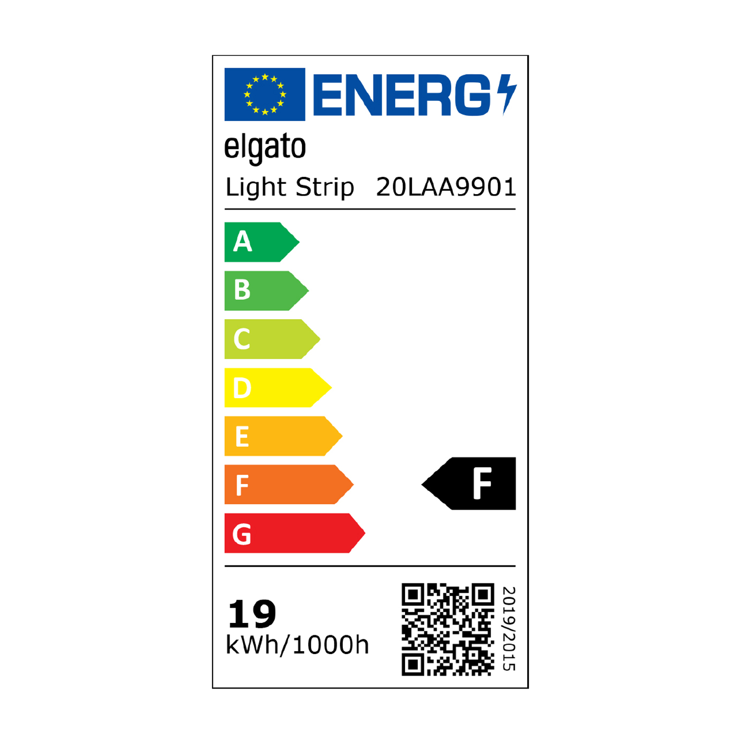 Etichetta di efficienza energetica. Scala da verde a rosso, con valutazione F. Elgato Light Strip.