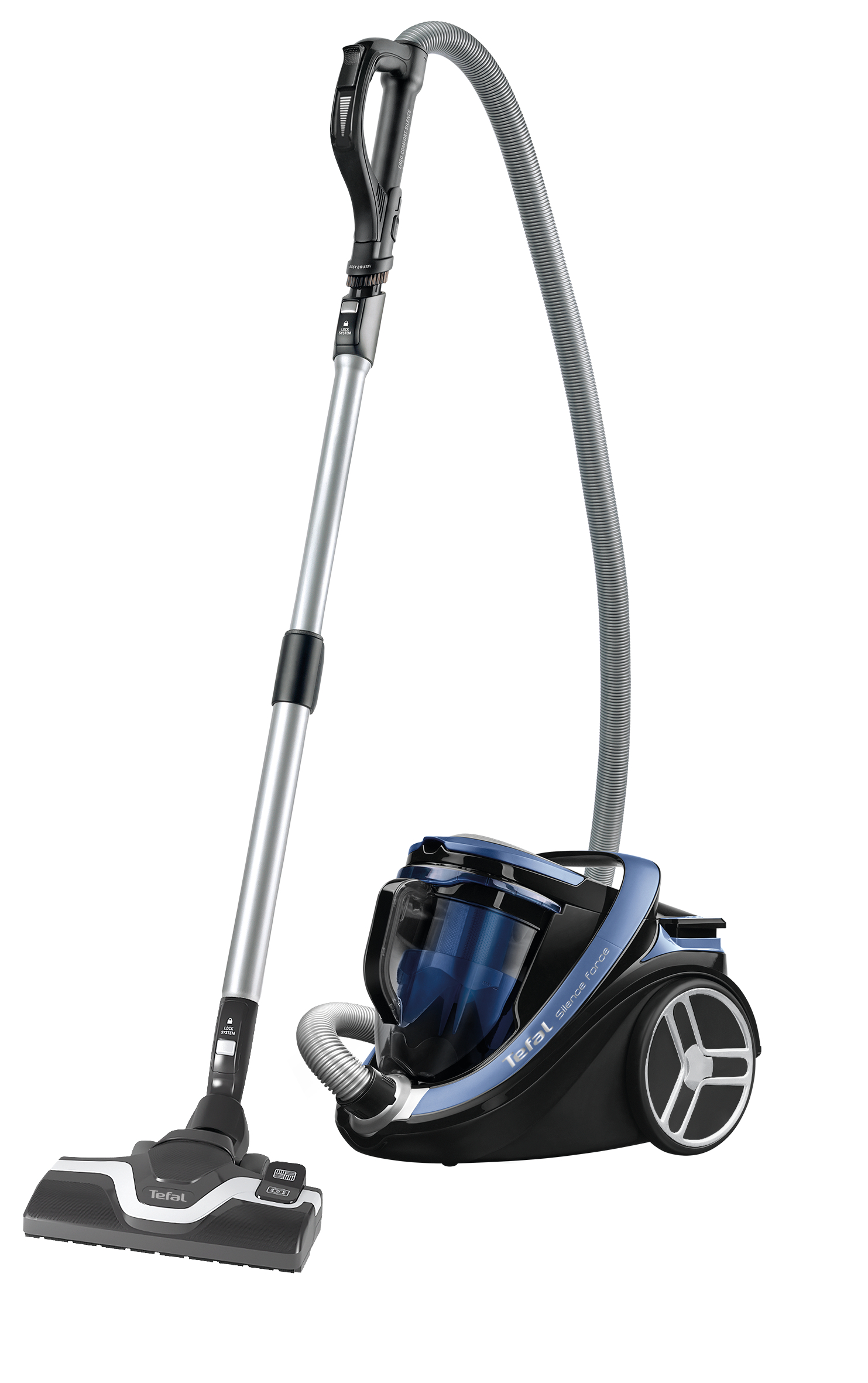 Mavi vurgulara sahip Tefal Silence Force elektrikli süpürge, beyaz arka plan.