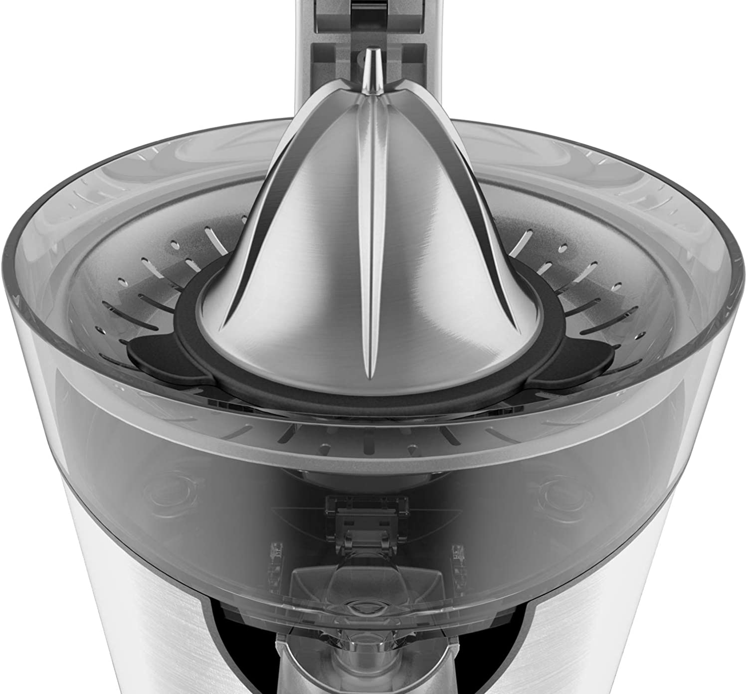 Juicer parts: metal cone, clear plastic top, and a silver base.