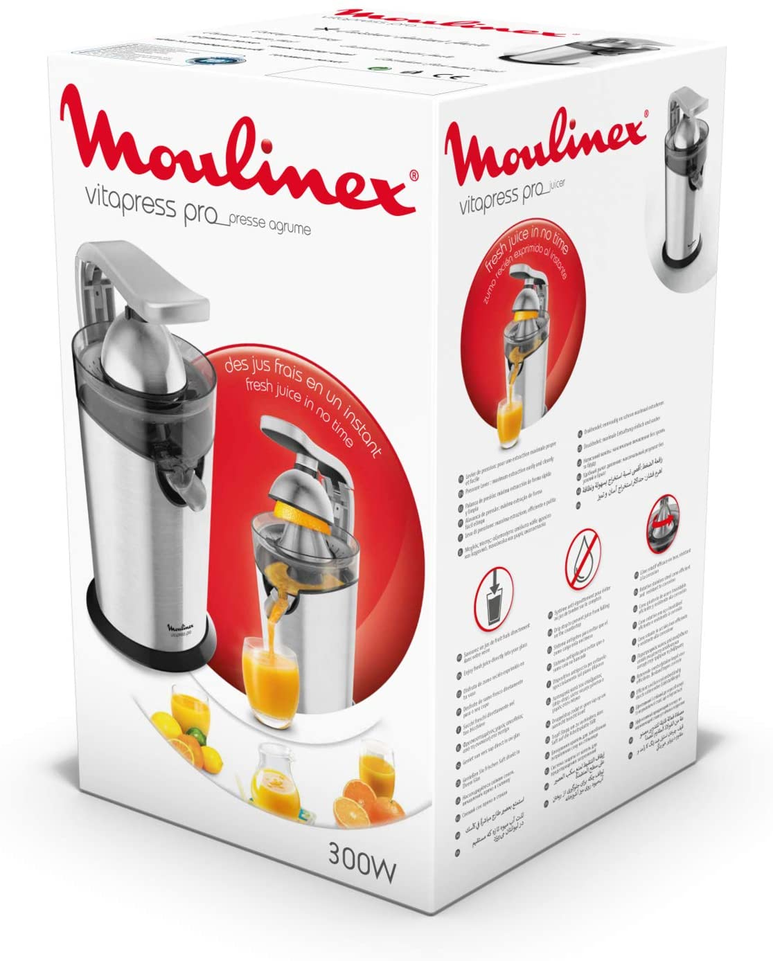 Moulinex Vitapress Pro juicer box with a juicer on the front. White background.