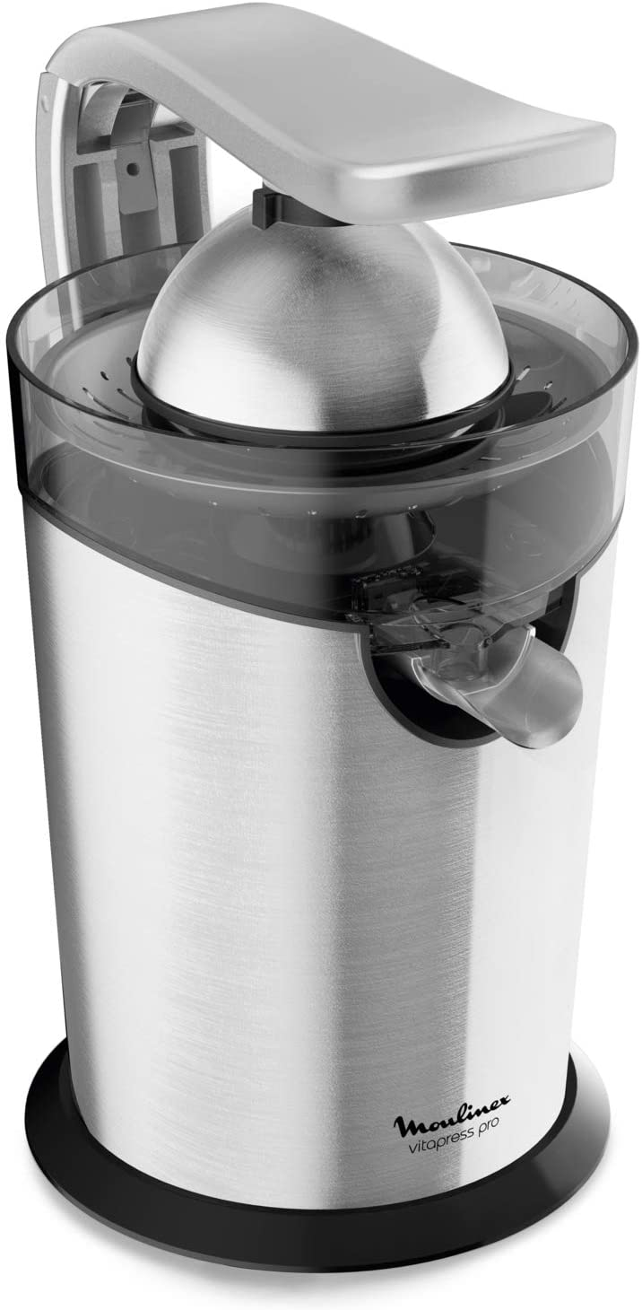 Silver Moulinex VitaPress Pro juicer, side view, against white background. Product shot.