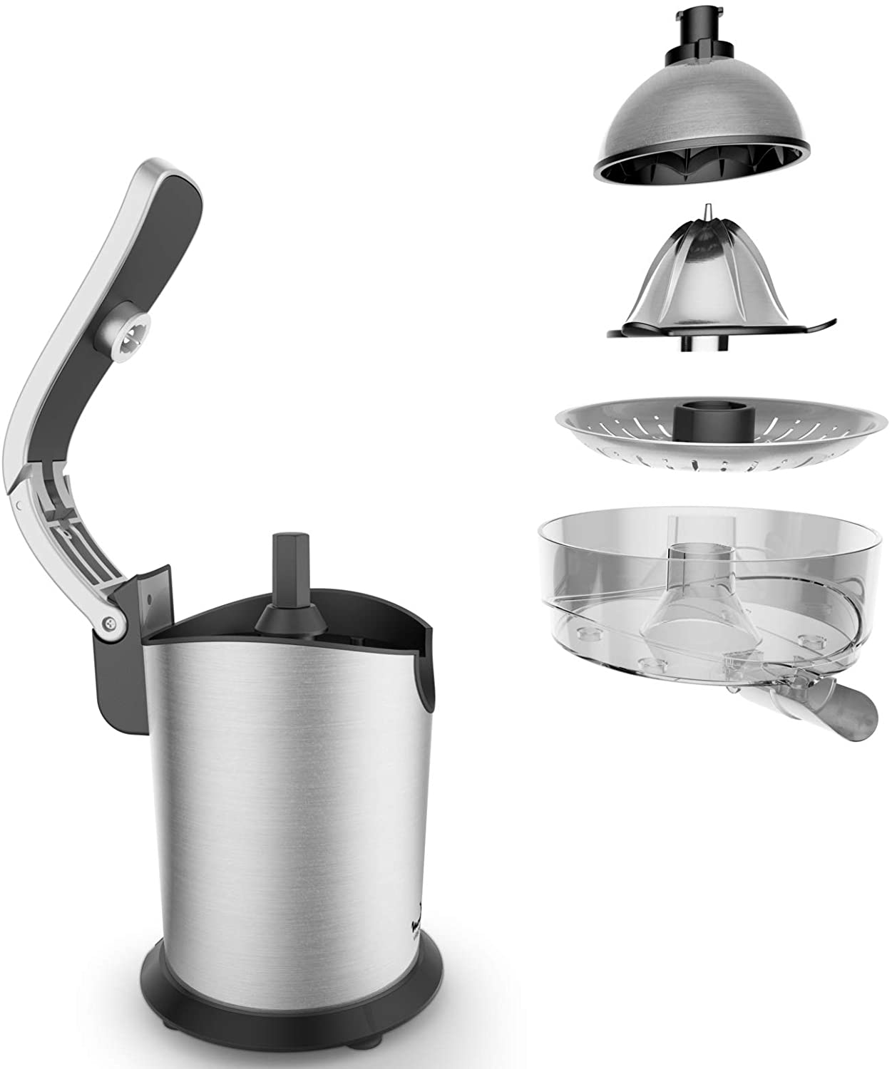 Silver juicer disassembled, components: top, reamer, strainer, and clear juice container.