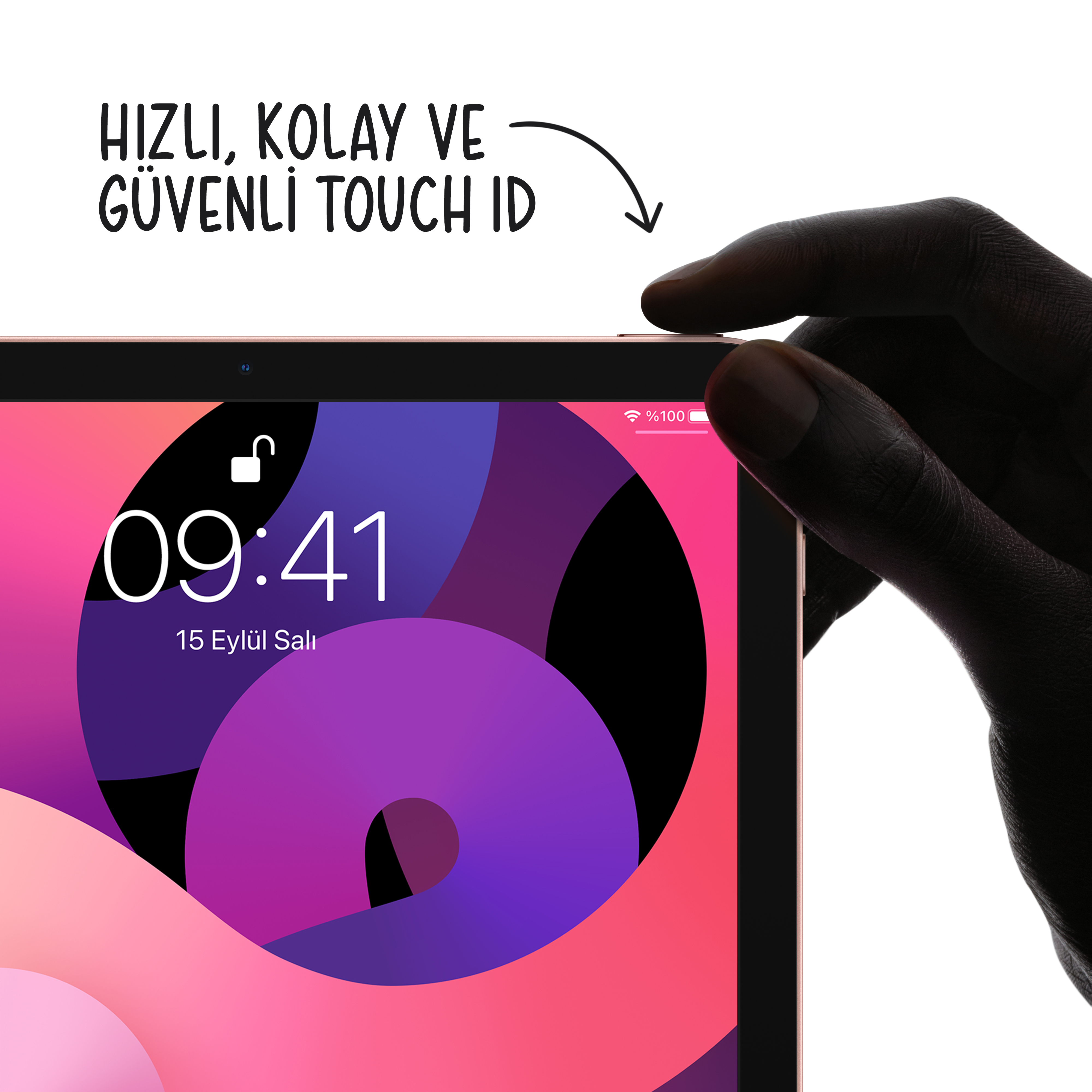 Bir kişinin eli bir tablet ekranına dokunuyor. Metin: 'Hızlı, Kolay ve Güvenli Touch ID'.