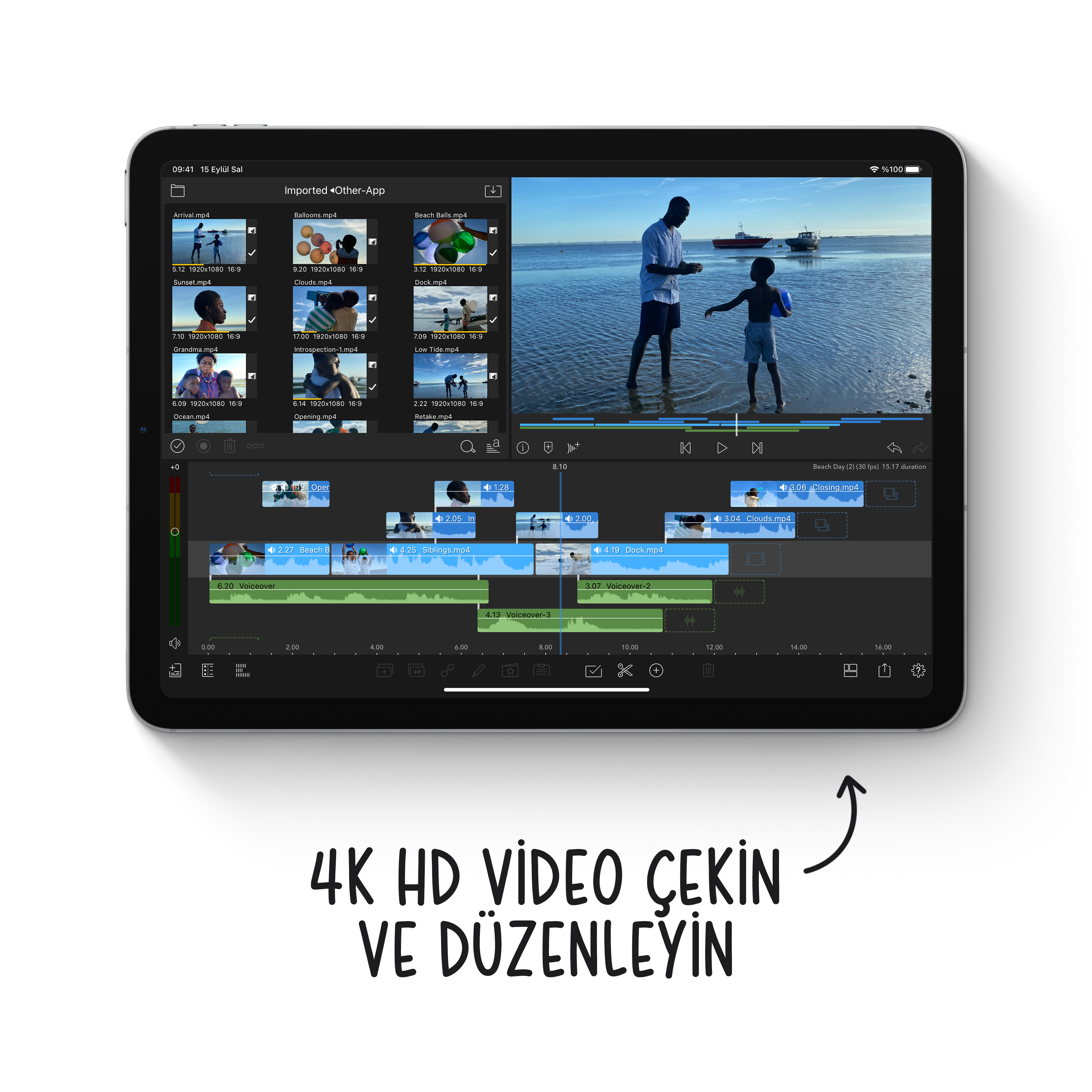 Bir tablet, plaj sahnesi ve Türkçe metin içeren bir video düzenleme uygulaması arayüzünü görüntülüyor.