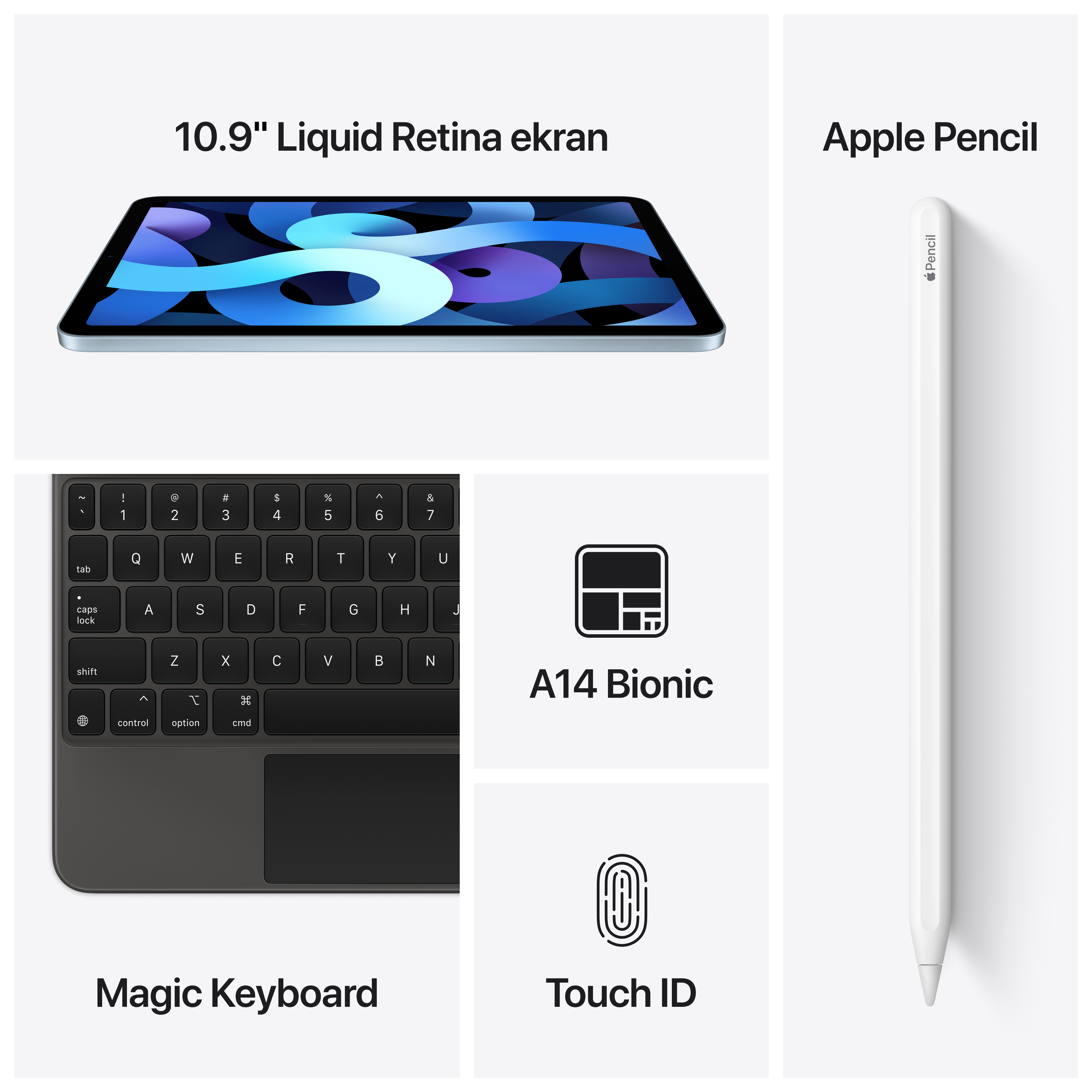 Magic Keyboard, Apple Pencil ve Touch ID ile iPad Air. Bileşenler metinle etiketlenir.