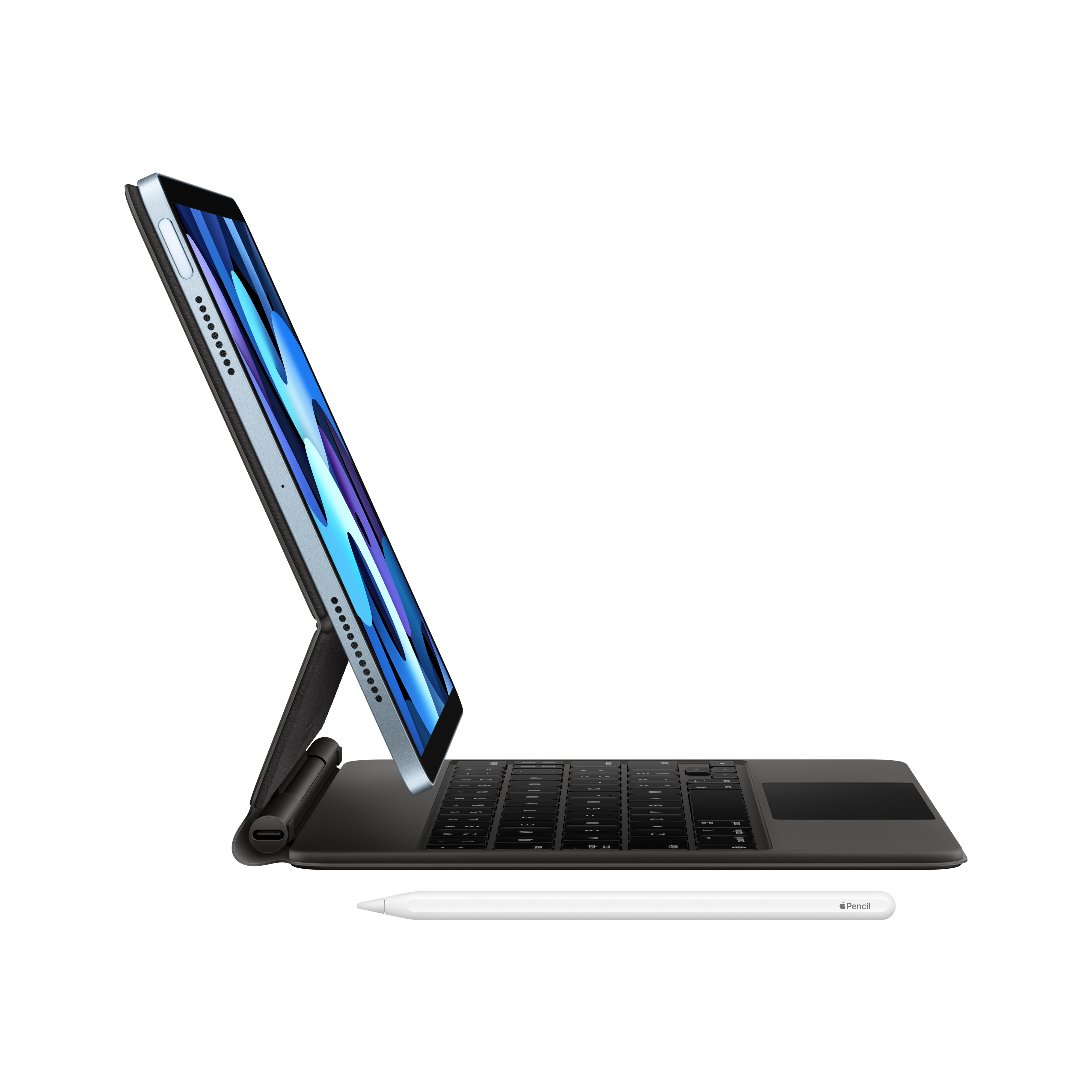 Siyah klavye ve beyaz kalemli gümüş tablet.