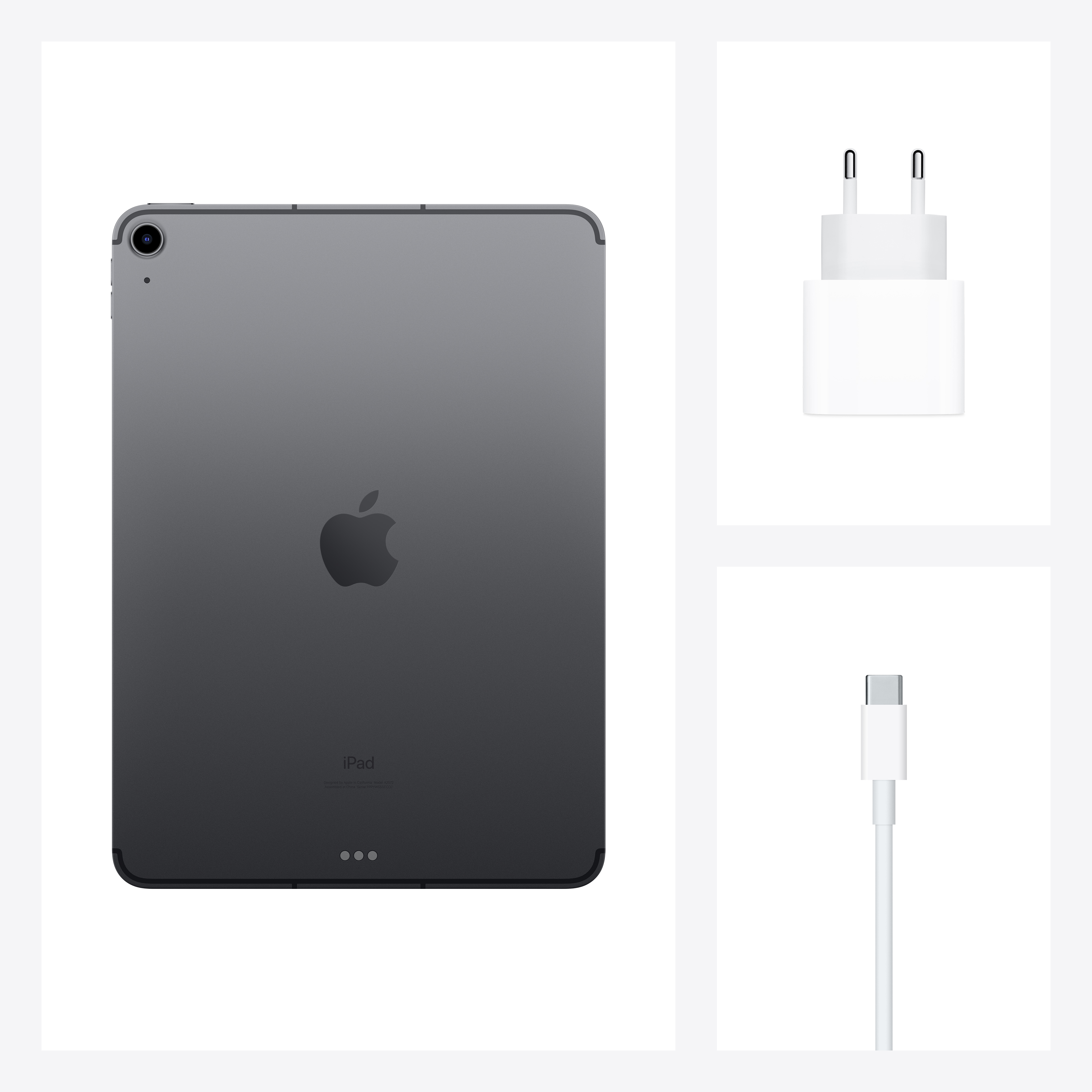 Beyaz arka plan üzerinde Apple logosu, şarj cihazı ve kablo ile iPad'in arkası.