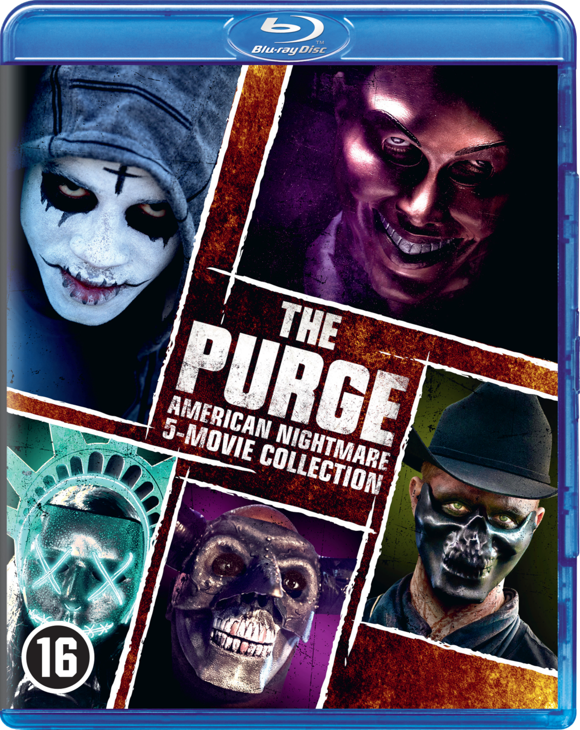 Un boîtier de disque Blu-ray avec plusieurs visages et le titre 'The Purge'.