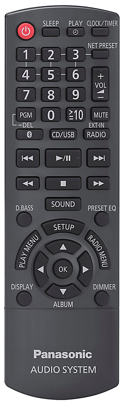 Une télécommande noire du système audio Panasonic. Elle comporte de nombreux boutons avec différentes fonctions.