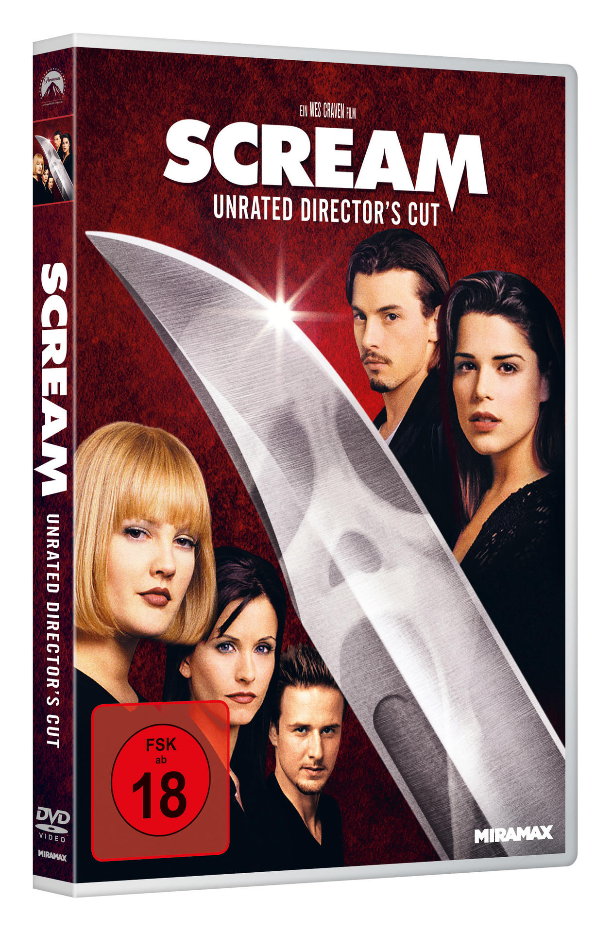 DVD-Cover des Films Scream, mit einem Messer und Gesichtern der Darsteller.