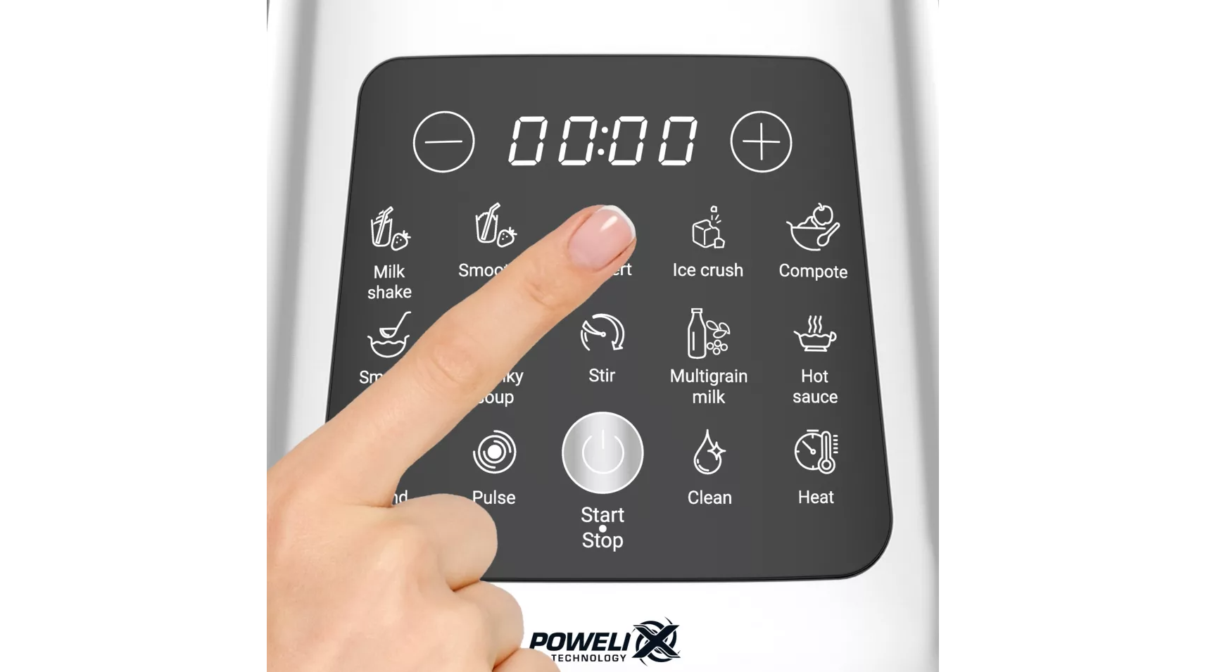 A hand pressing a button on a black blender control panel with several icons.