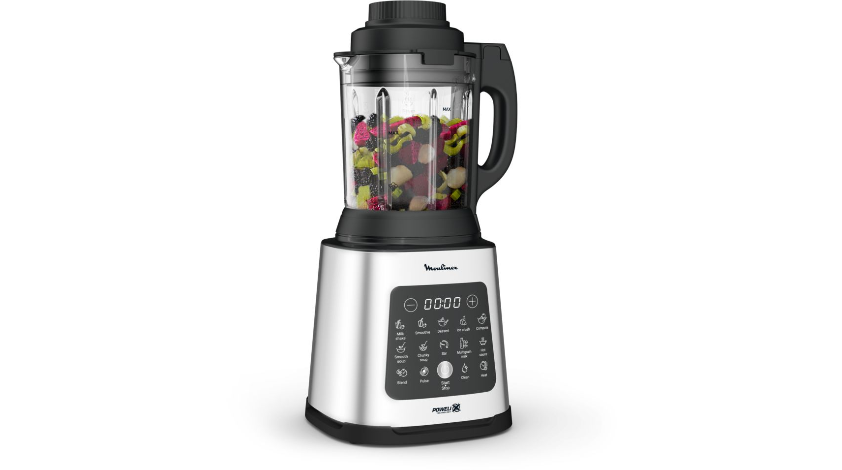 Silver blender with fruits inside, black top.