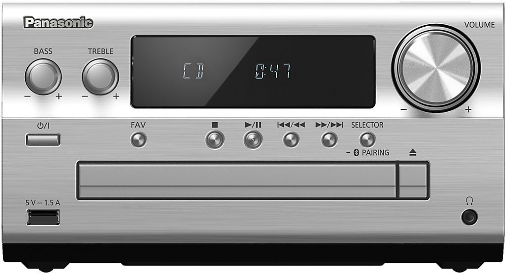 Ein silbernes Panasonic Mini-System mit CD-Player, Knöpfen und Lautstärkeregler. Das Display zeigt 'CD' und die Uhrzeit.