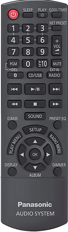 Dunkelgraue Fernbedienung mit vielen Tasten. Panasonic Audio System Logo.
