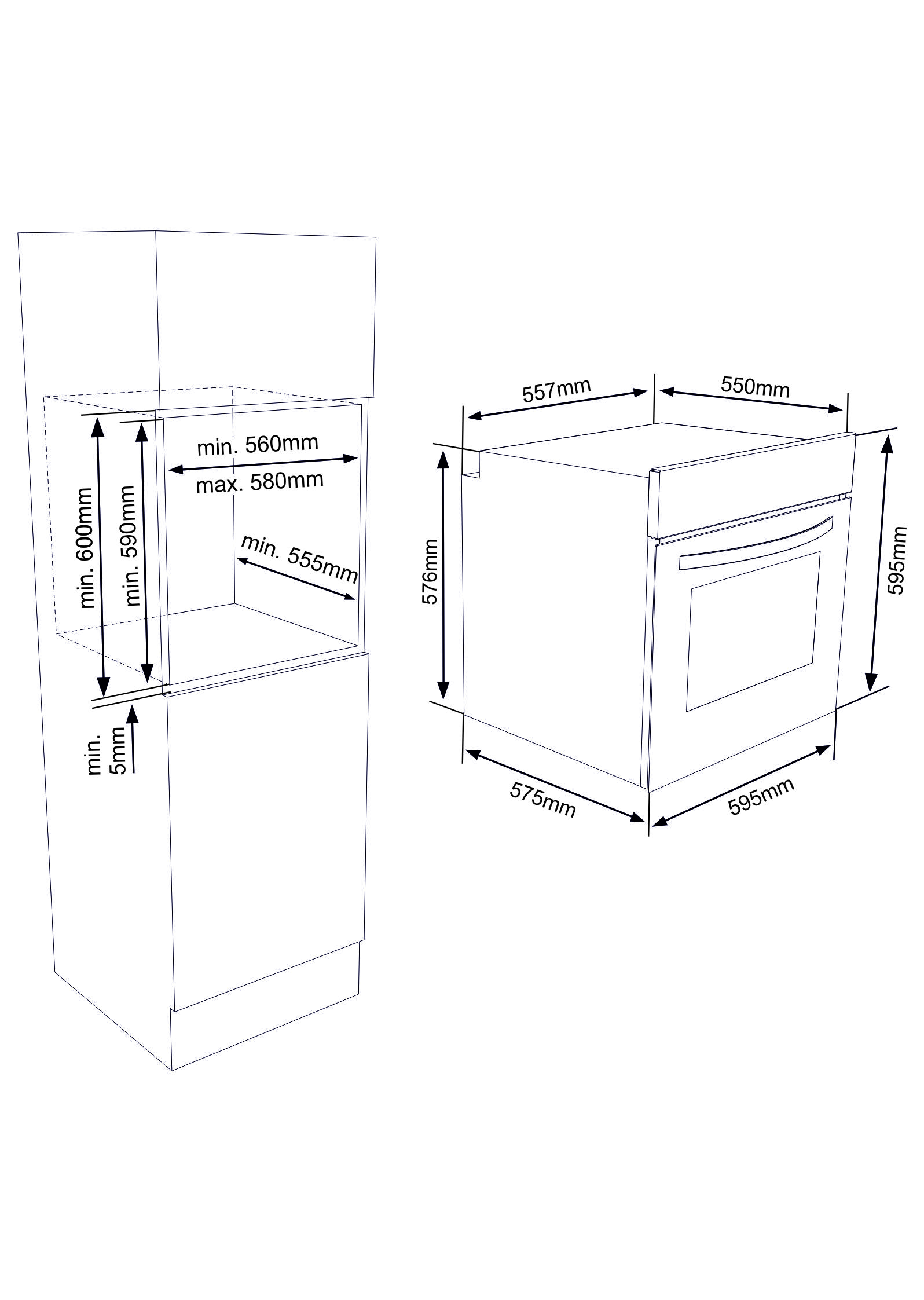 Diagramm eines Einbauofens mit Maßen, Vorderansicht und Schrankdetails.