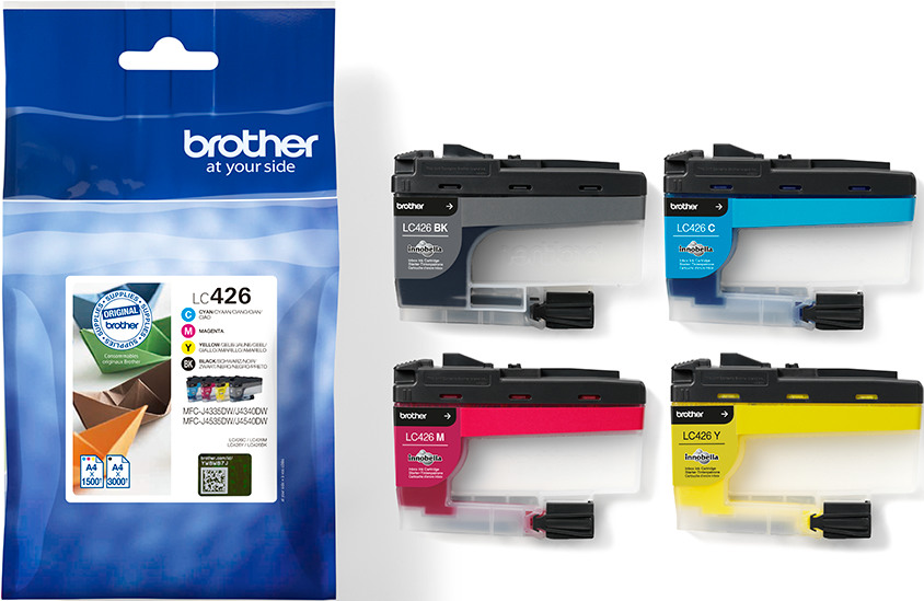 Brother Tintenpatronen in einer Verpackung und separat. Farben sind Schwarz, Cyan, Magenta und Gelb.