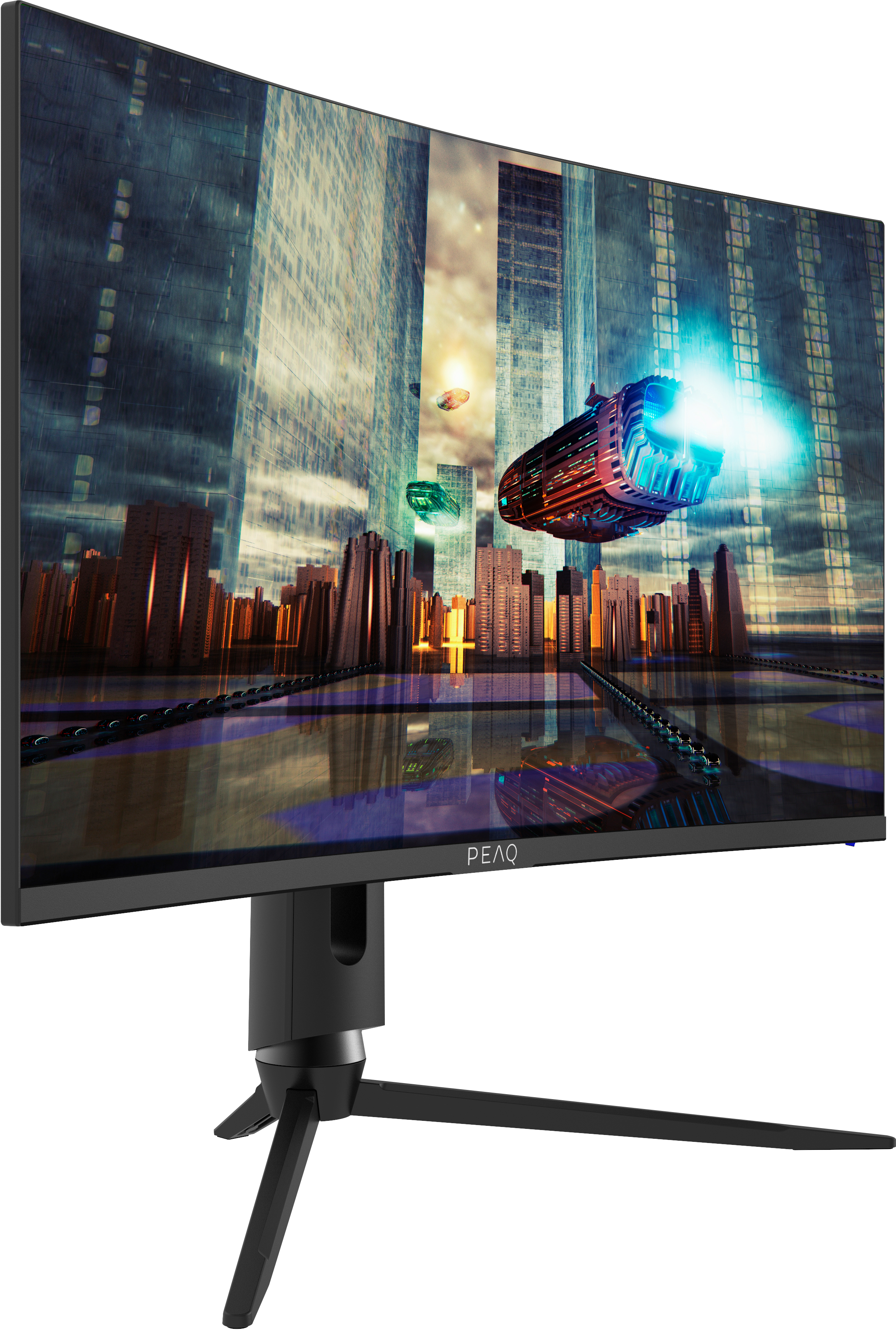 Moniteur de jeu incurvé affichant une scène de ville avec des véhicules volants.