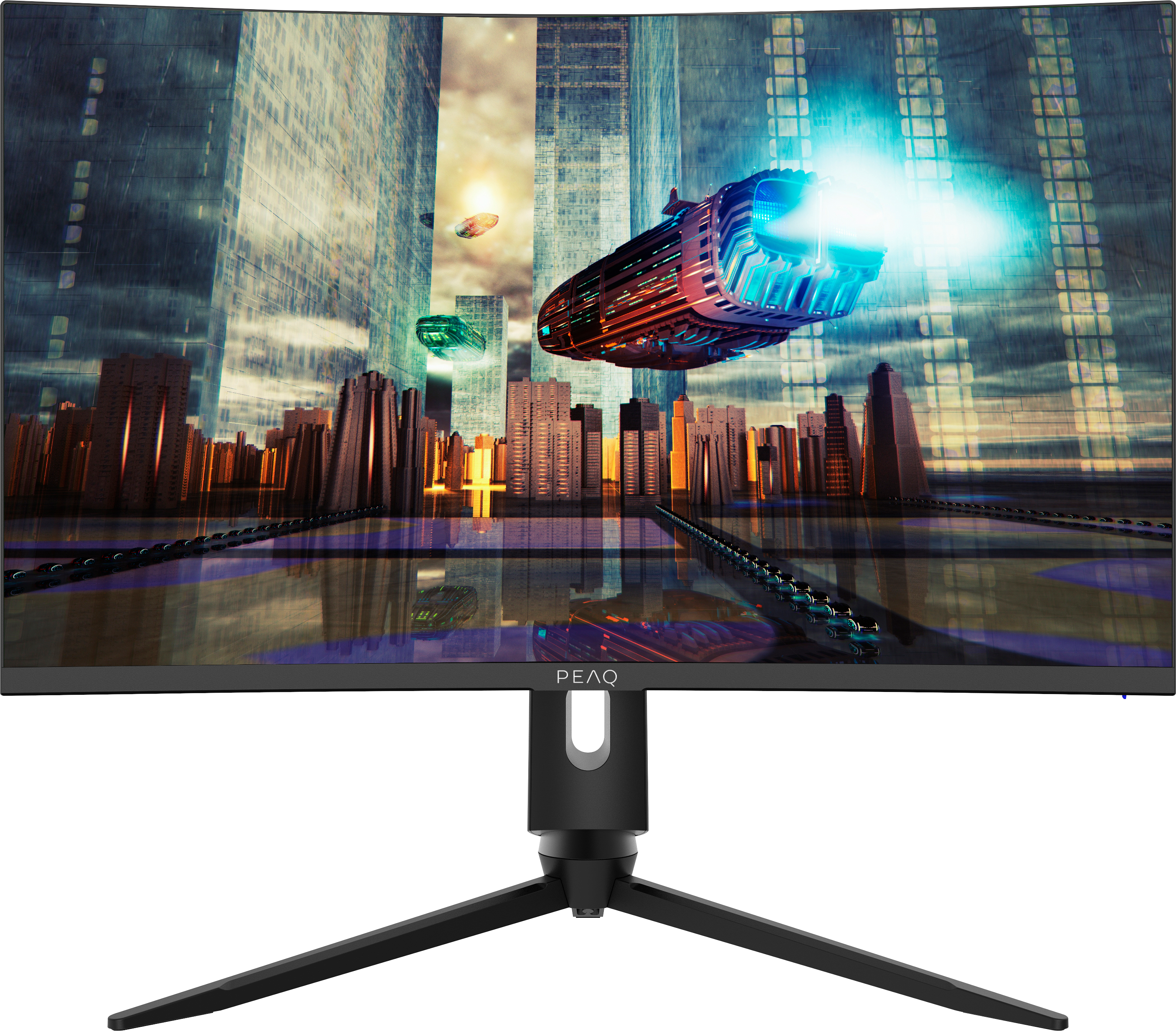 Un moniteur incurvé avec une ville futuriste et des véhicules volants à l'écran.
