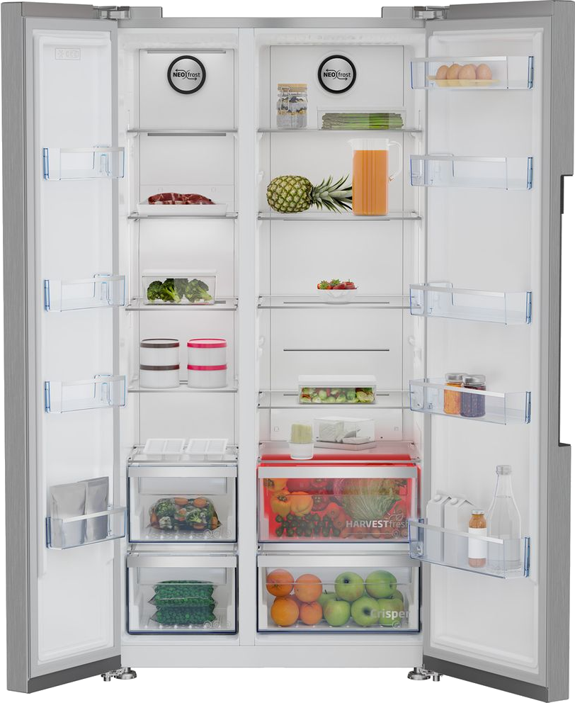 Offener Kühlschrank mit Früchten, Gemüse und anderen Lebensmitteln sichtbar.