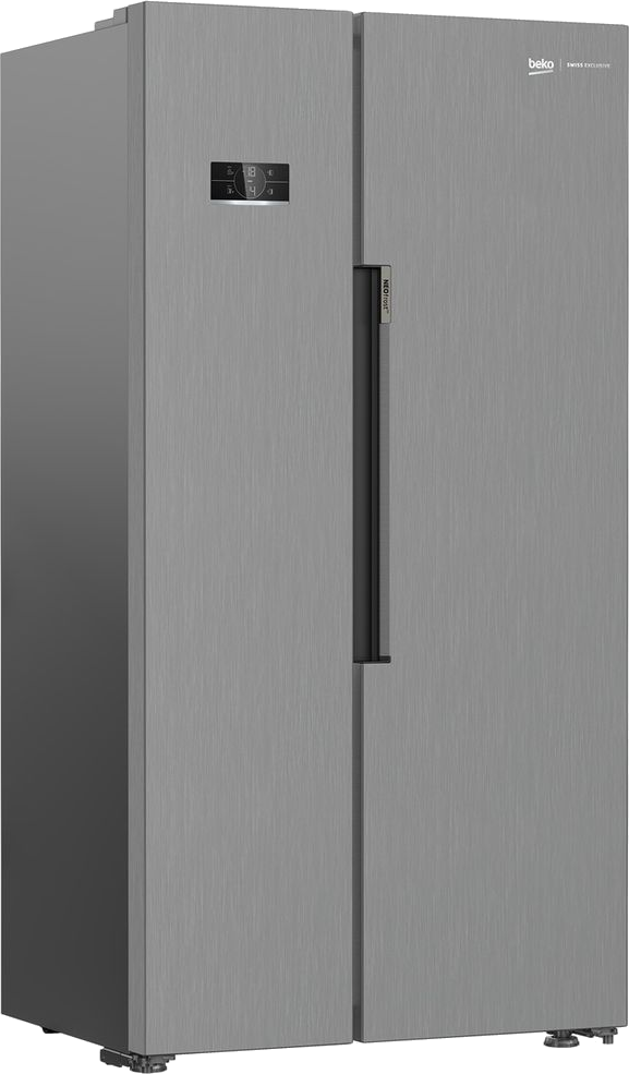 Ein Side-by-Side-Kühlschrank von Beko aus Edelstahl mit Griffen, Display und Beko-Logo auf der rechten Seite.