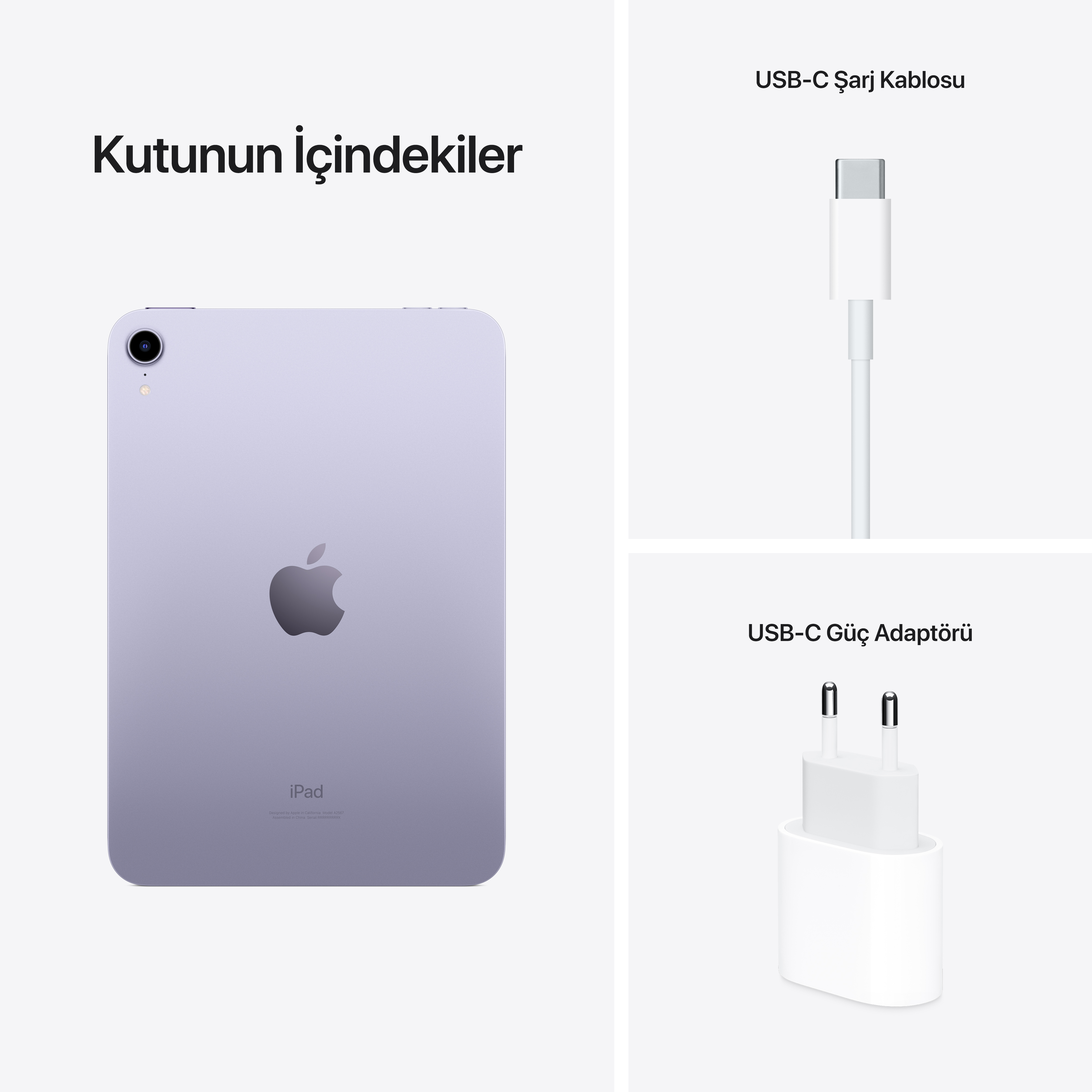 Mor iPad, şarj cihazı ve kablo, hepsi beyaz arka plan.