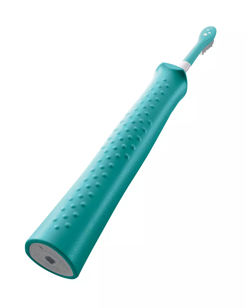 Brosse à dents électrique bleu sarcelle avec une poignée arrondie sur fond blanc. Photo du produit.