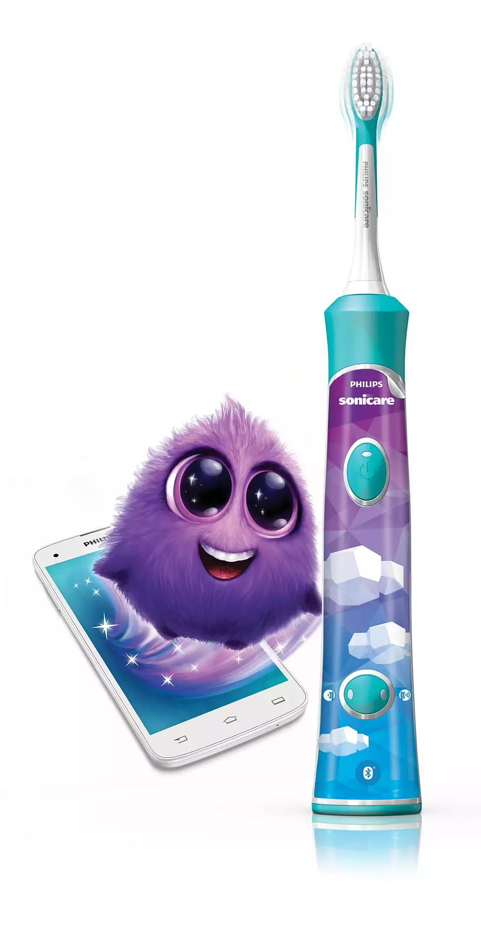 Une brosse à dents électrique avec un personnage de dessin animé et un smartphone sur fond blanc.