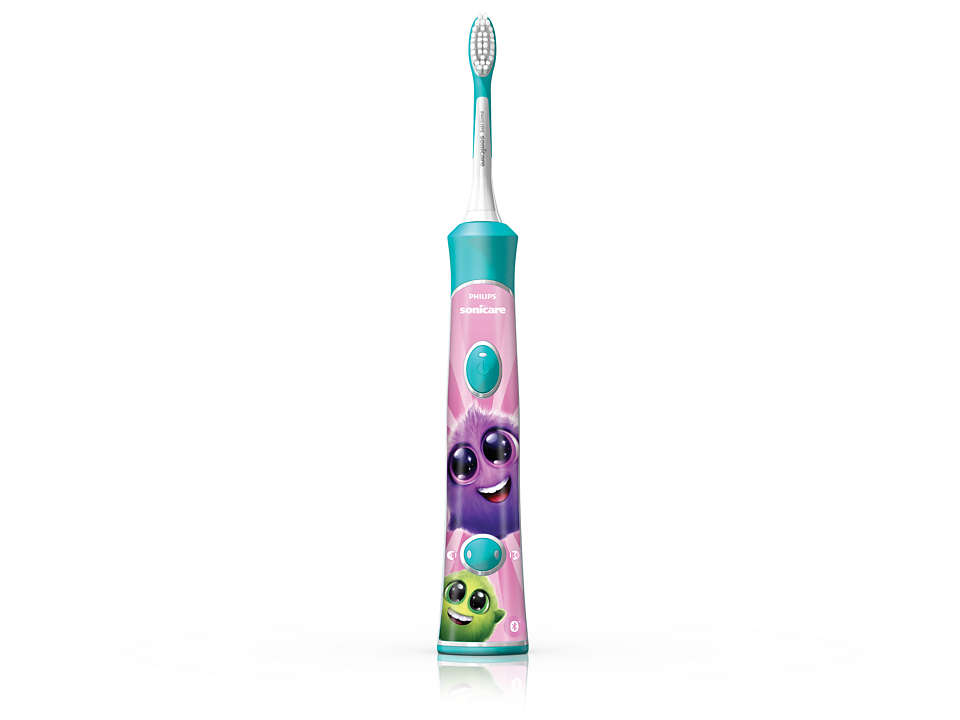 Brosse à dents électrique Philips Sonicare pour enfants avec un design de personnages de dessins animés. Elle est bleue, rose et blanche, sur fond blanc.