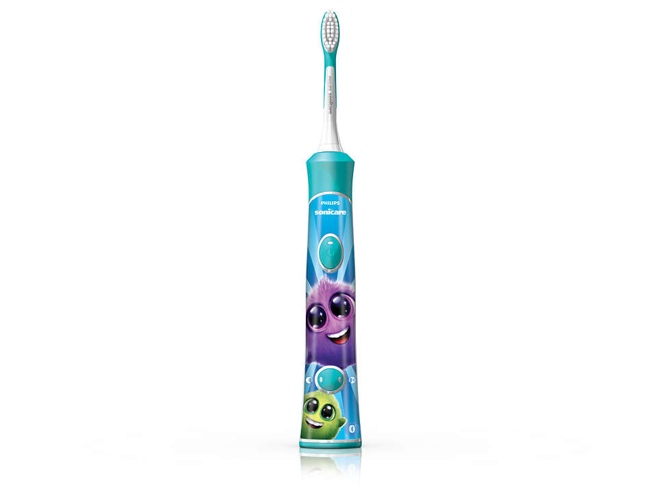 Brosse à dents électrique bleue et blanche avec des personnages de dessins animés.