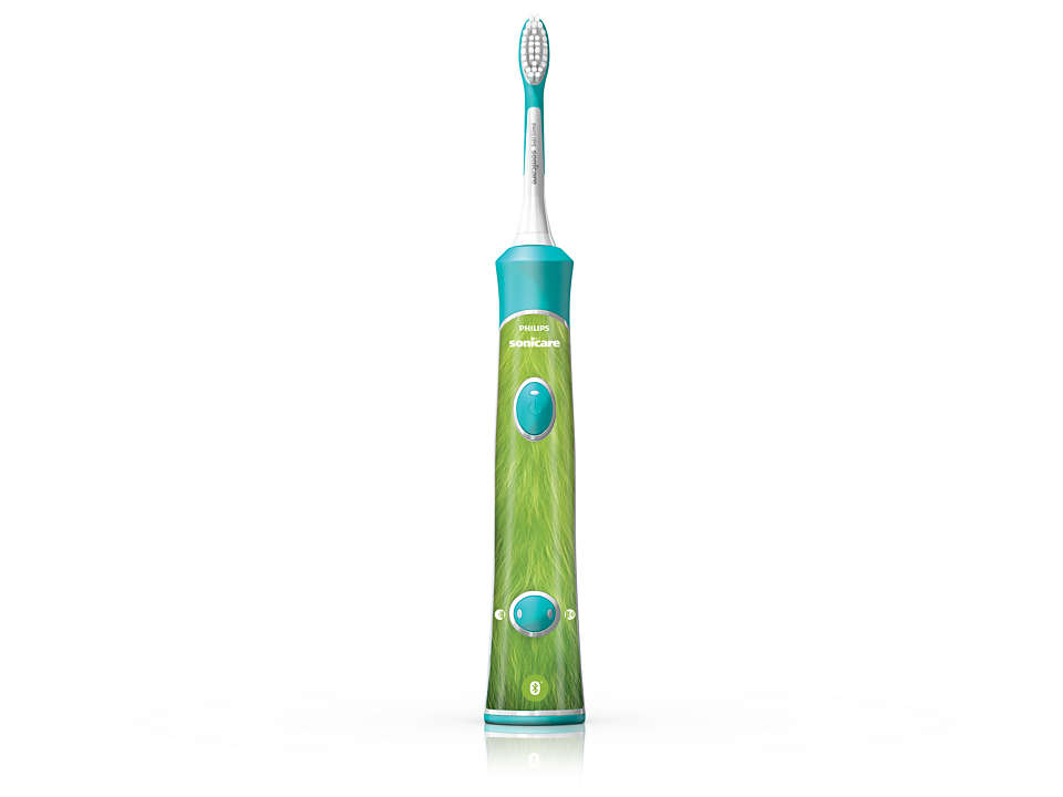Brosse à dents électrique avec motif vert et marque Philips Sonicare. Photo du produit.