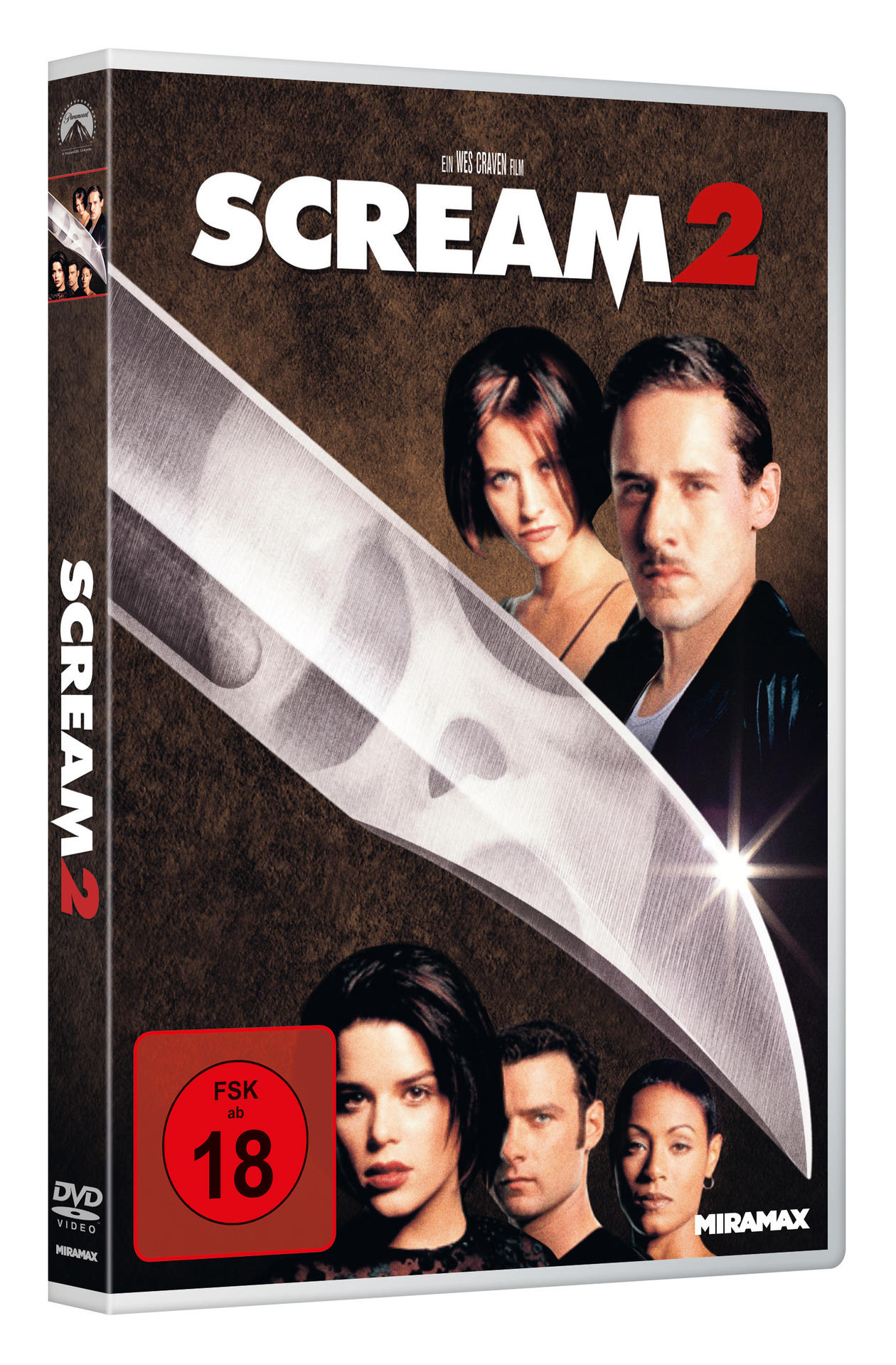 DVD-Hülle für den Film Scream 2. Enthält Schauspieler und ein Messer.