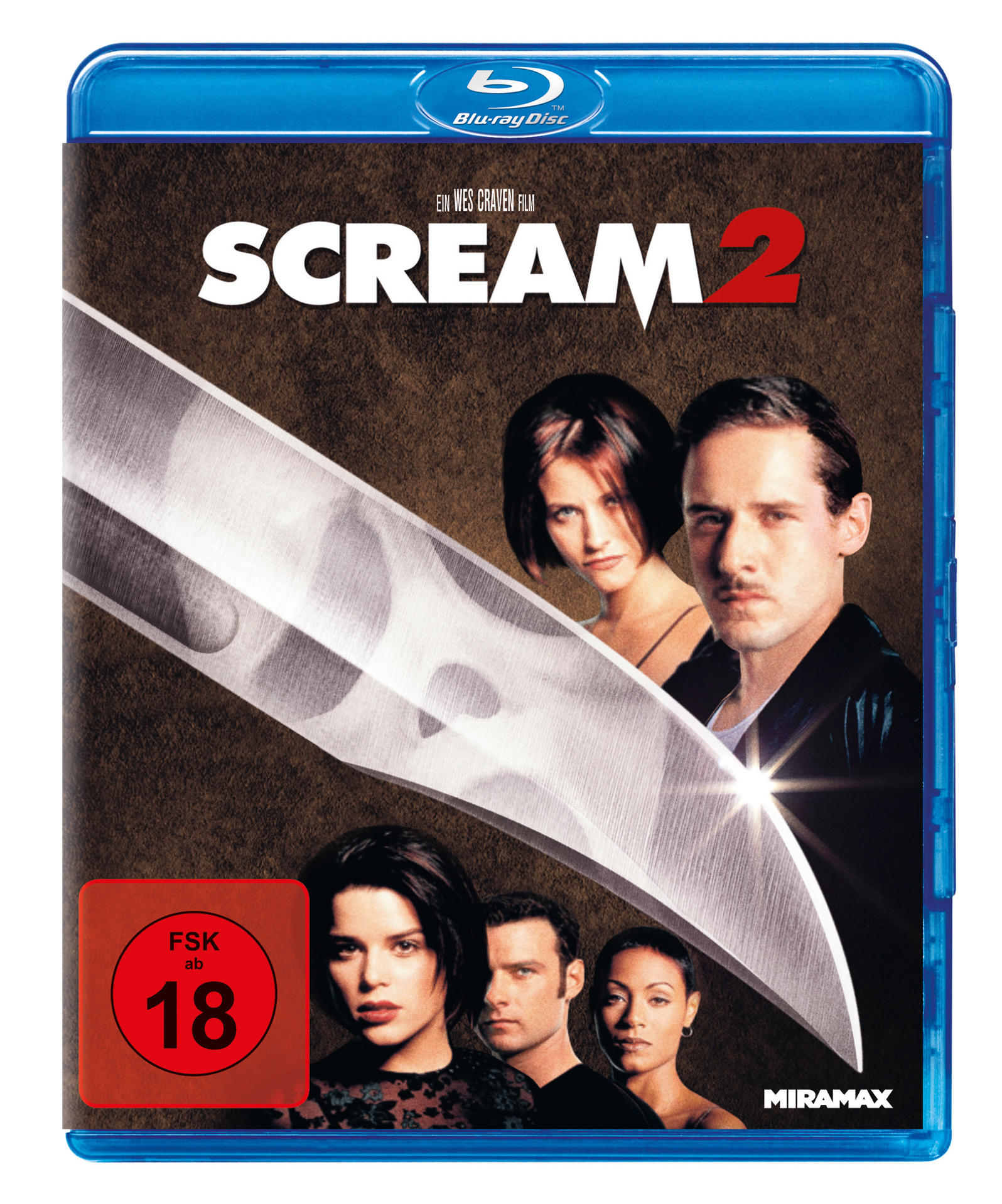 Scream 2 Blu-ray Cover. Schauspielergesichter, eine Messerklinge und ein roter 18er-Aufkleber.