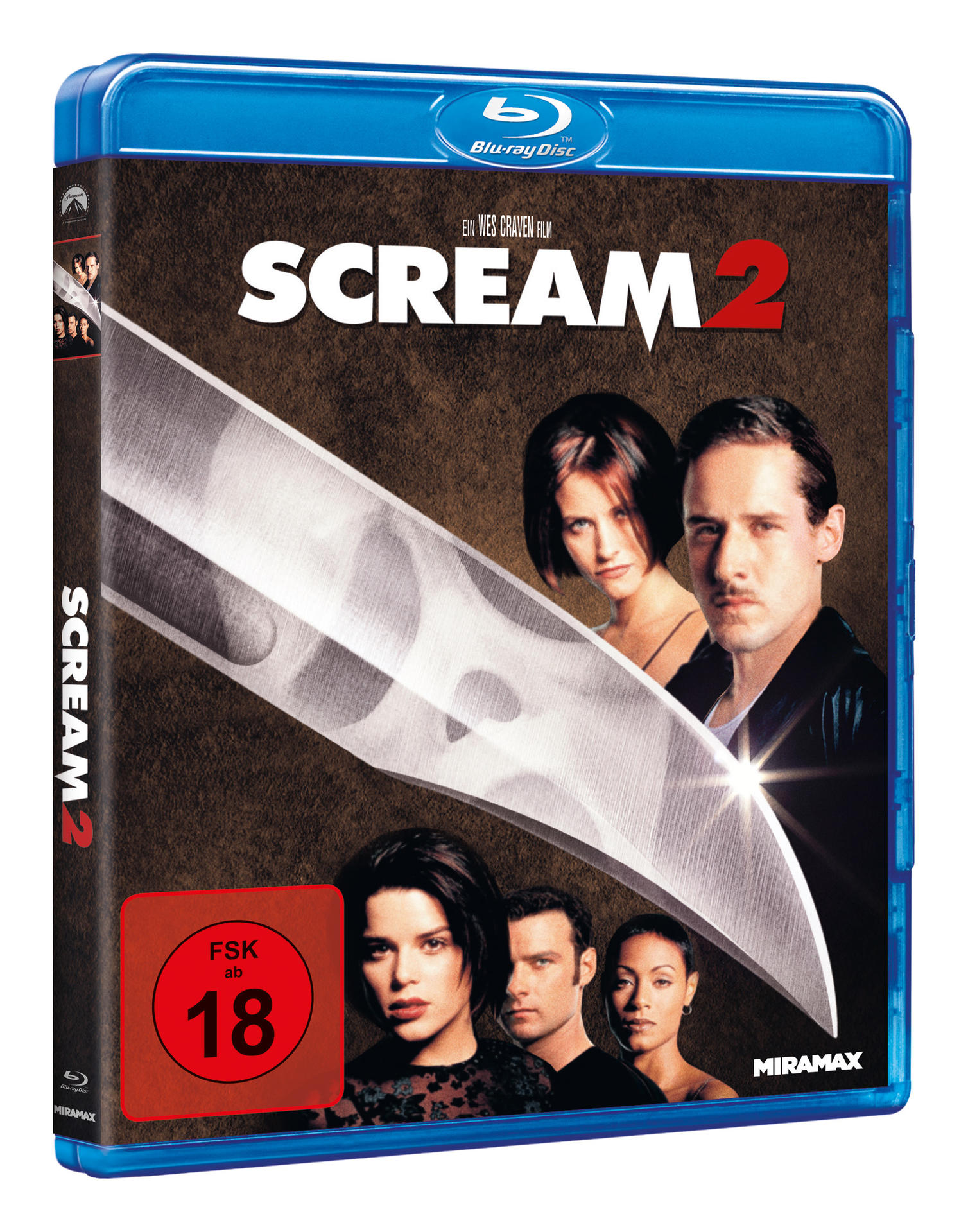 Blu-ray Hülle von Scream 2 mit Darstellern und Messer.