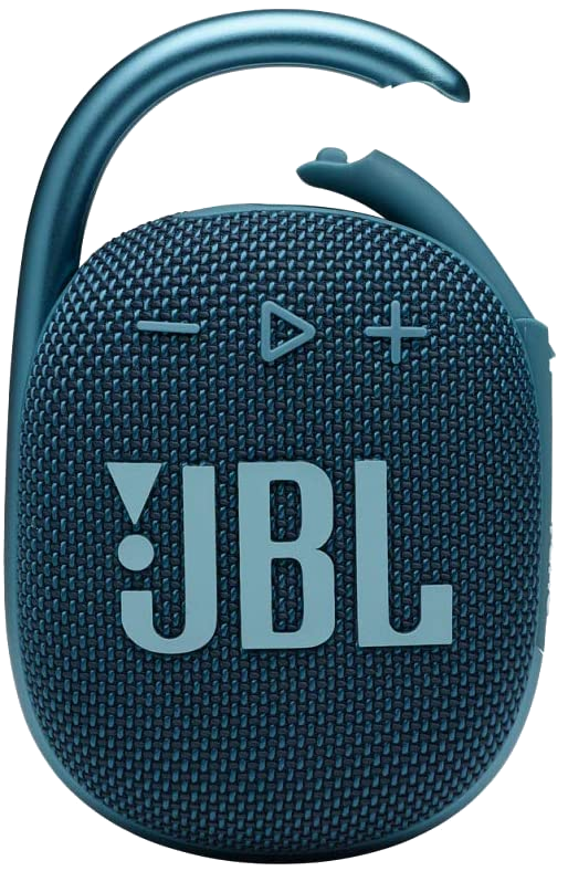 Egy kék JBL Clip hangszóró karabinerrel. A hangszórón rács és vezérlőgombok találhatók.