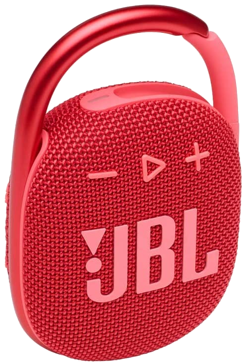 Piros JBL Clip 4 hordozható hangszóró. Piros karabinerrel és vezérlőgombokkal a tetején.