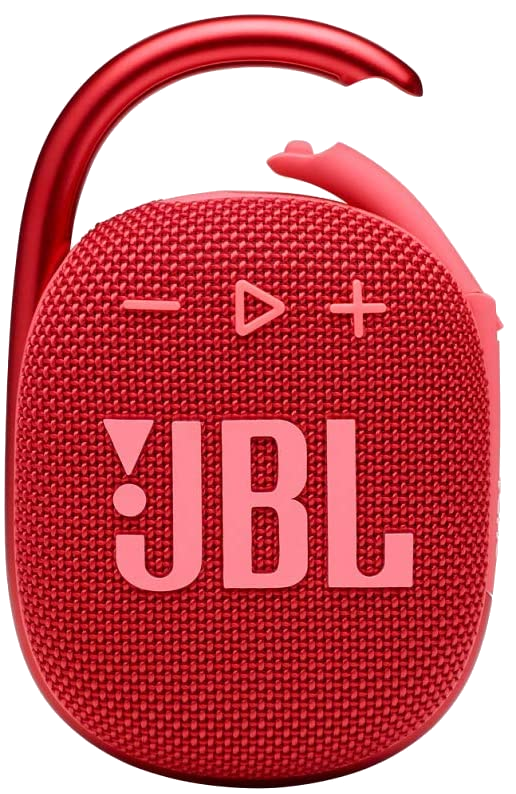 Egy piros JBL Clip 4 hangszóró karabinerrel. A hangszóró hálós előlappal és vezérlőgombokkal rendelkezik.