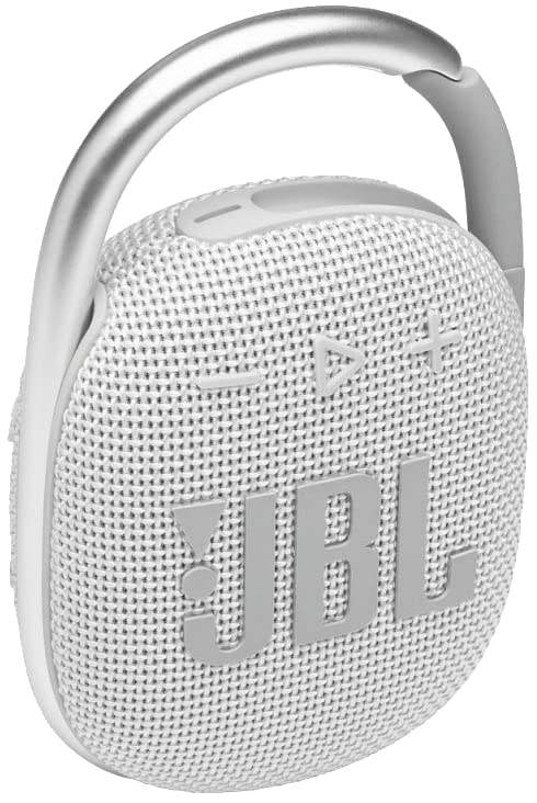 Egy fehér és ezüst JBL hangszóró fogantyúval. A JBL logója jól látható.