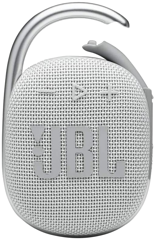 Fehér és szürke JBL hangszóró ezüst fogantyúval, kis, lekerekített forma, hálós előlappal.