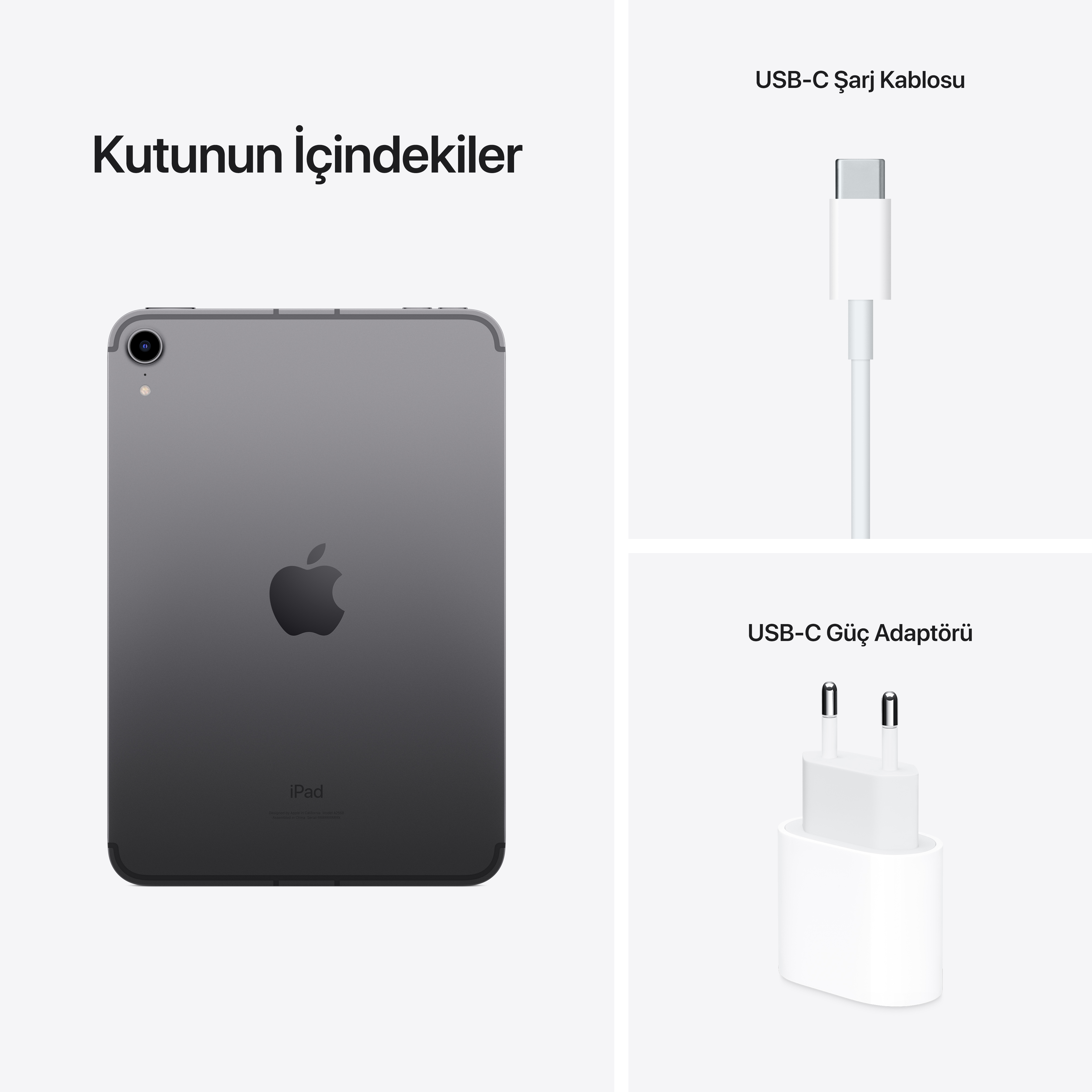 iPad, USB-C kablosu ve USB-C güç adaptörü. Beyaz arka plan. Siyah beyaz.
