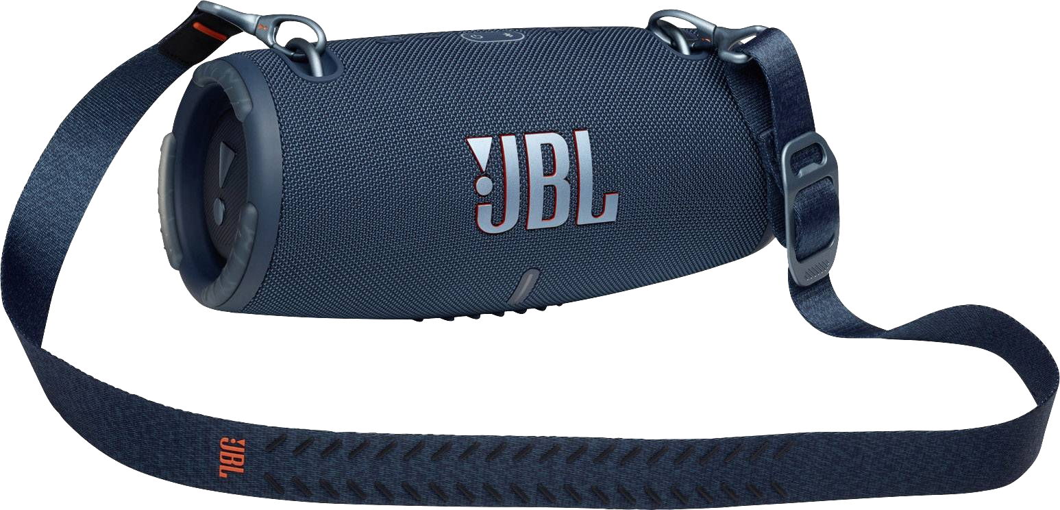 Kék JBL hangszóró fekete pánttal. A JBL logója fehérrel látható a hangszórón.