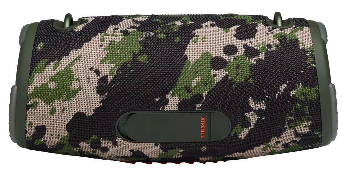 JBL Xtreme 3 hangszóró álcázó mintával, oldalsó nézet, fehér háttérrel. Termékfotó.
