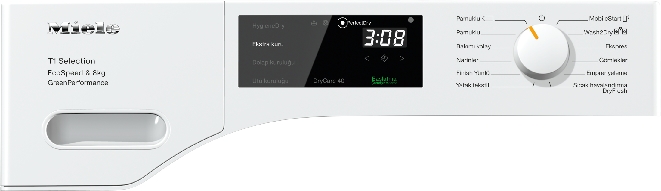 Dijital ekranlı beyaz çamaşır makinesi kontrol paneli.